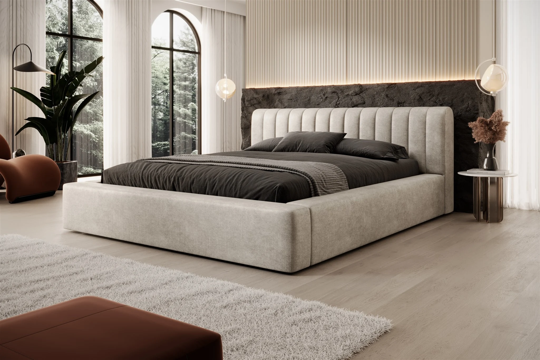Polsterbett Doppelbett PEORIA 160x200cm in Stoff Macau Pearl - Fun Möbel