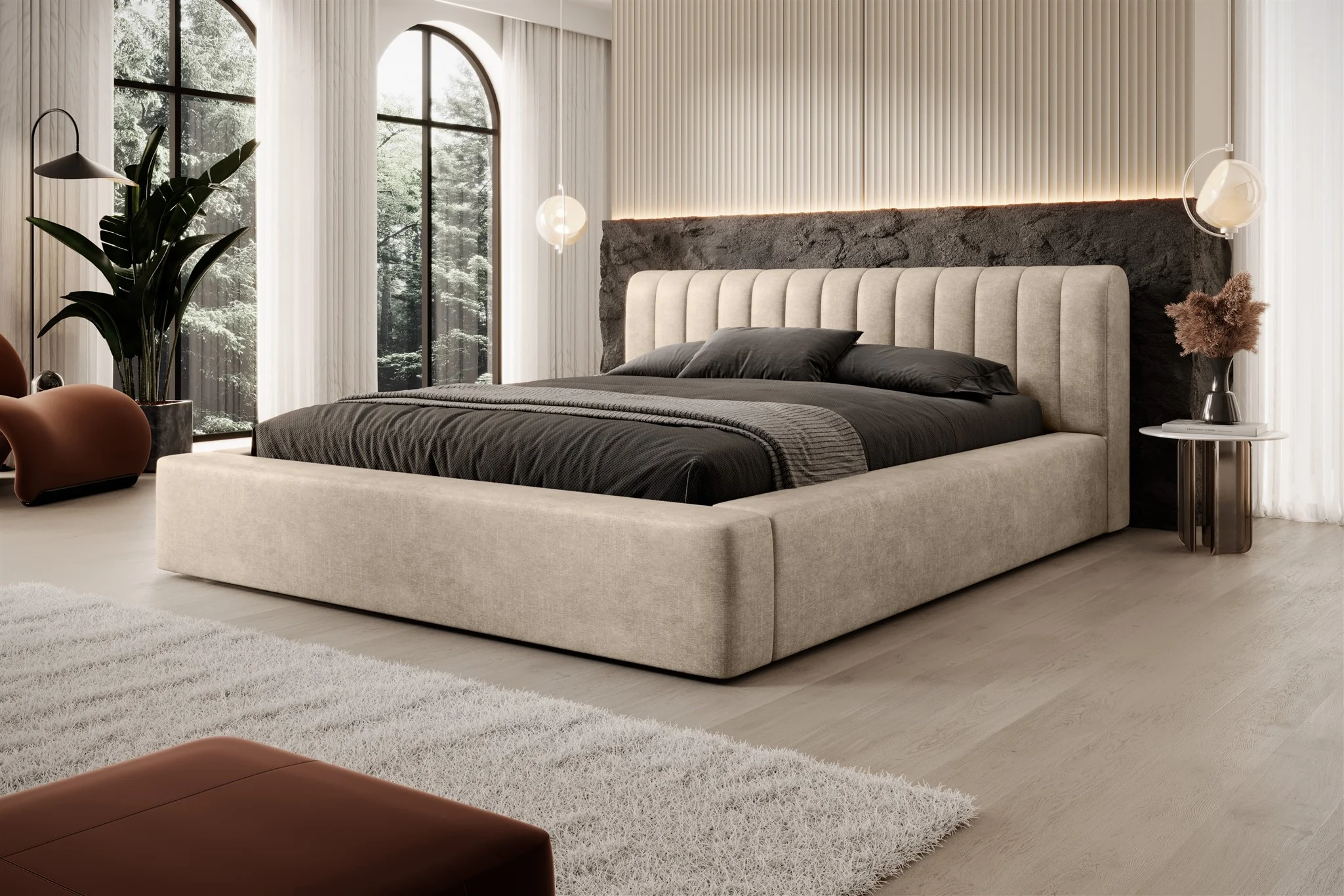 Polsterbett Doppelbett PEORIA 140x200cm in Stoff Macau Beige - Fun Möbel