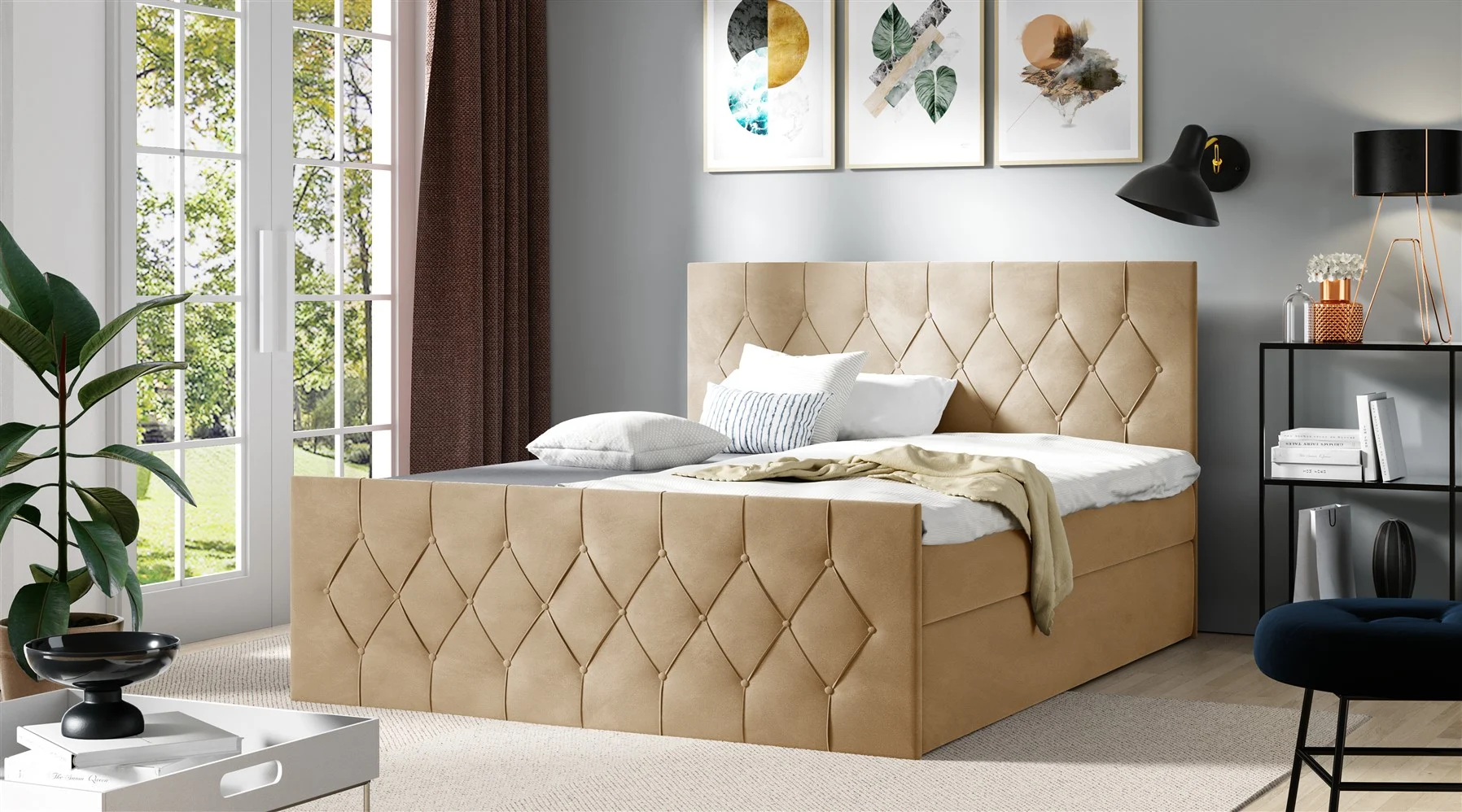 Boxspringbett Schlafzimmerbett PETROS 120x200cm Stoff Alova Senfgelb - Fun Moebel