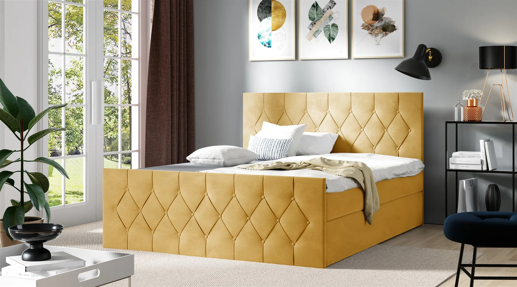 Boxspringbett Schlafzimmerbett PETROS 120x200cm Stoff Alova Gelb - Fun Moebel