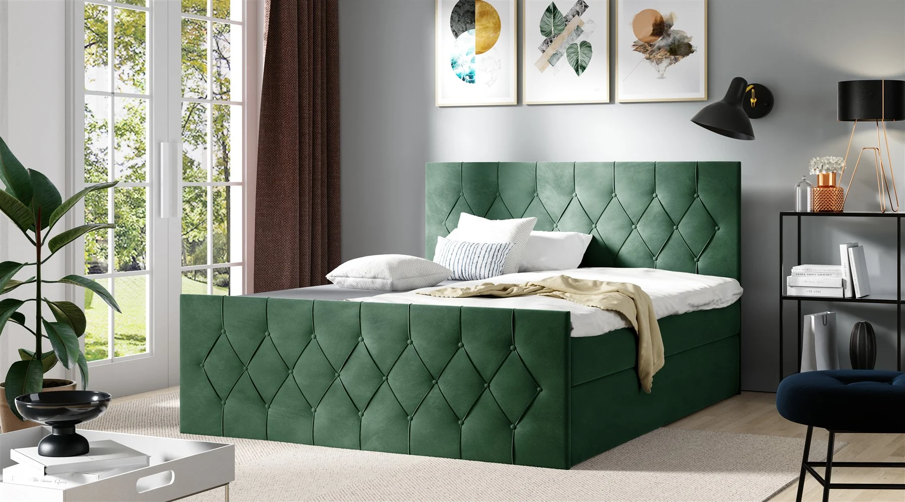 Boxspringbett Schlafzimmerbett PETROS 120x200cm Stoff Alova Grün - Fun Moebel