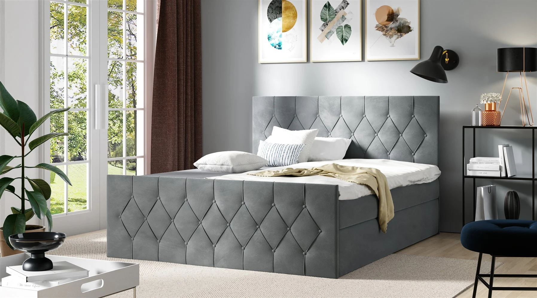 Boxspringbett Schlafzimmerbett PETROS 120x200cm Stoff Alova Grau - Fun Moebel
