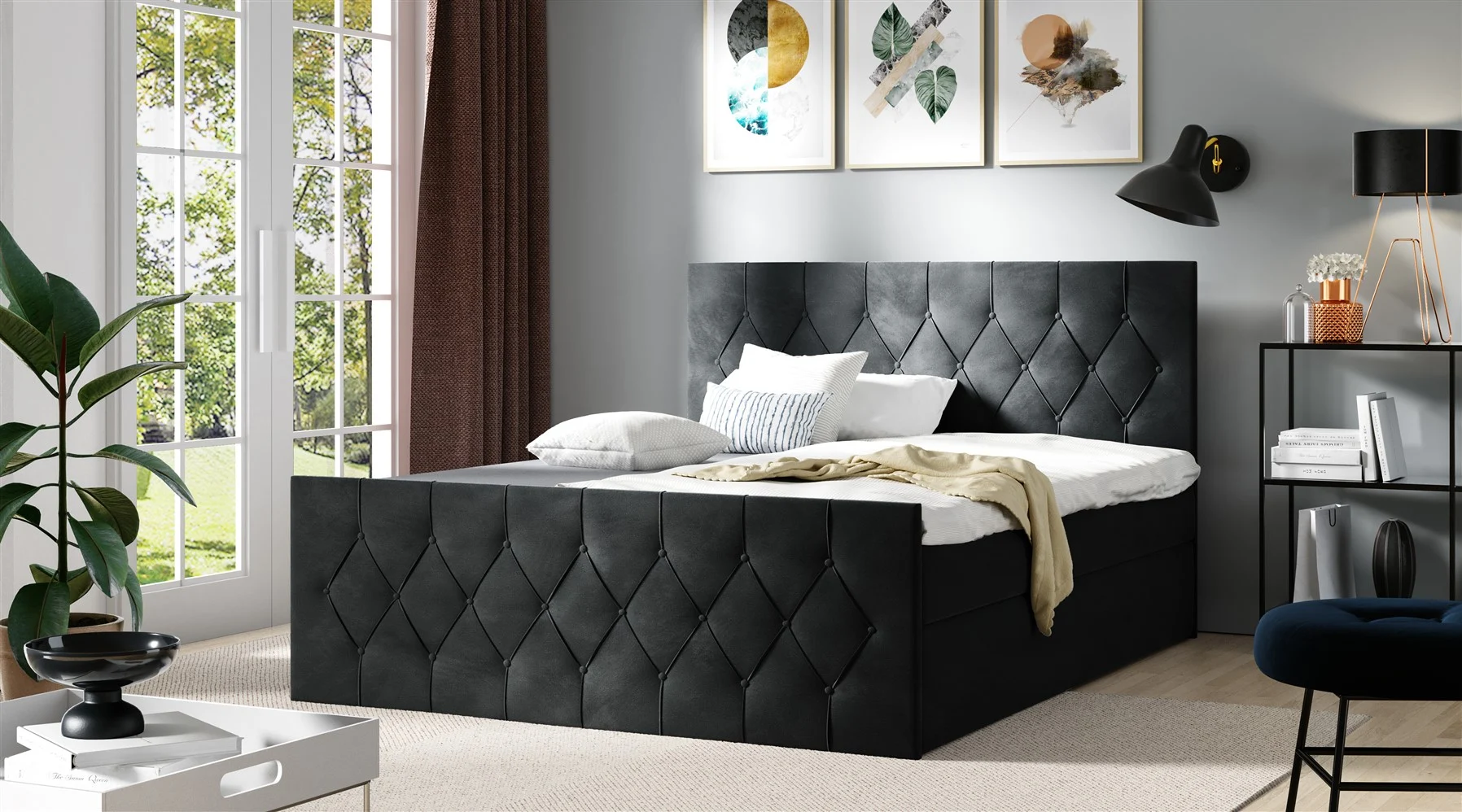 Boxspringbett Schlafzimmerbett PETROS 140x200cm Stoff Alova Schwarz - Fun Moebel
