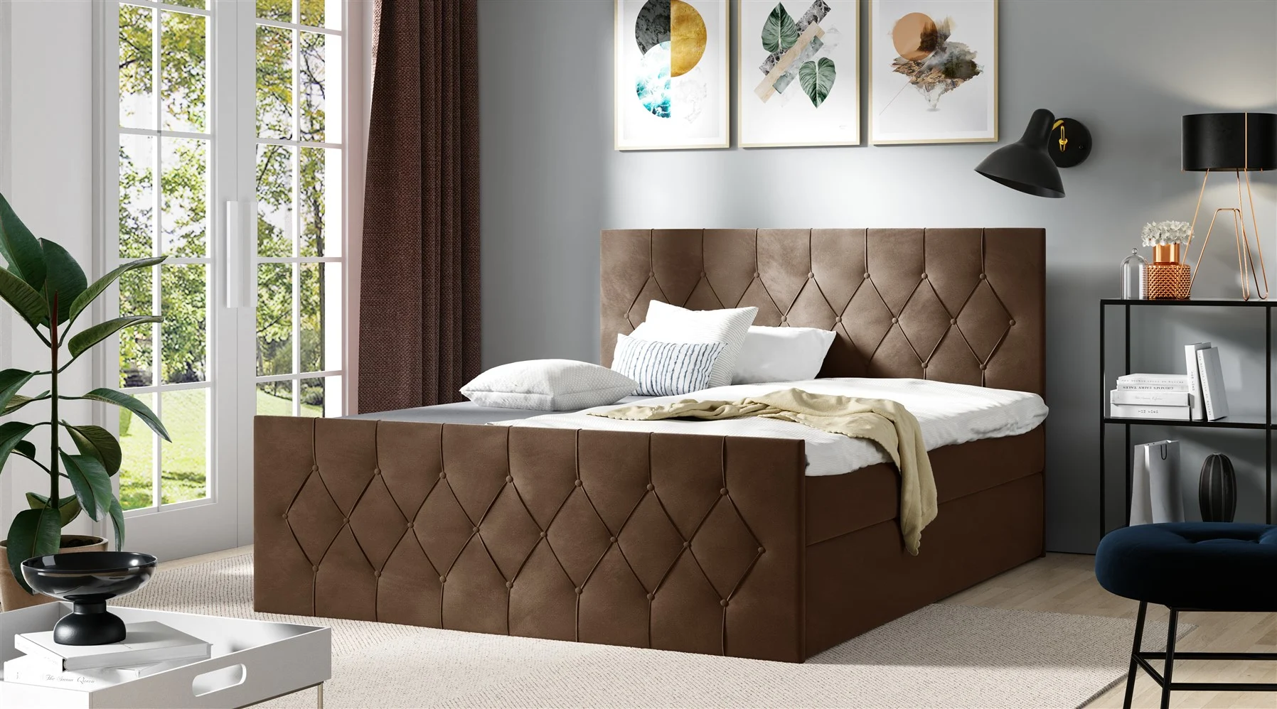 Boxspringbett Schlafzimmerbett PETROS 140x200cm Stoff Alova Braun - Fun Moebel