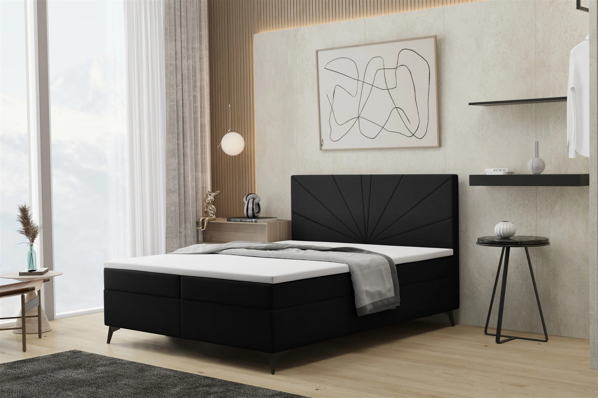 Boxspringbett Schlafzimmerbett PONCE 120x200cm in Stoff Riviera Schwarz - Fun Moebel