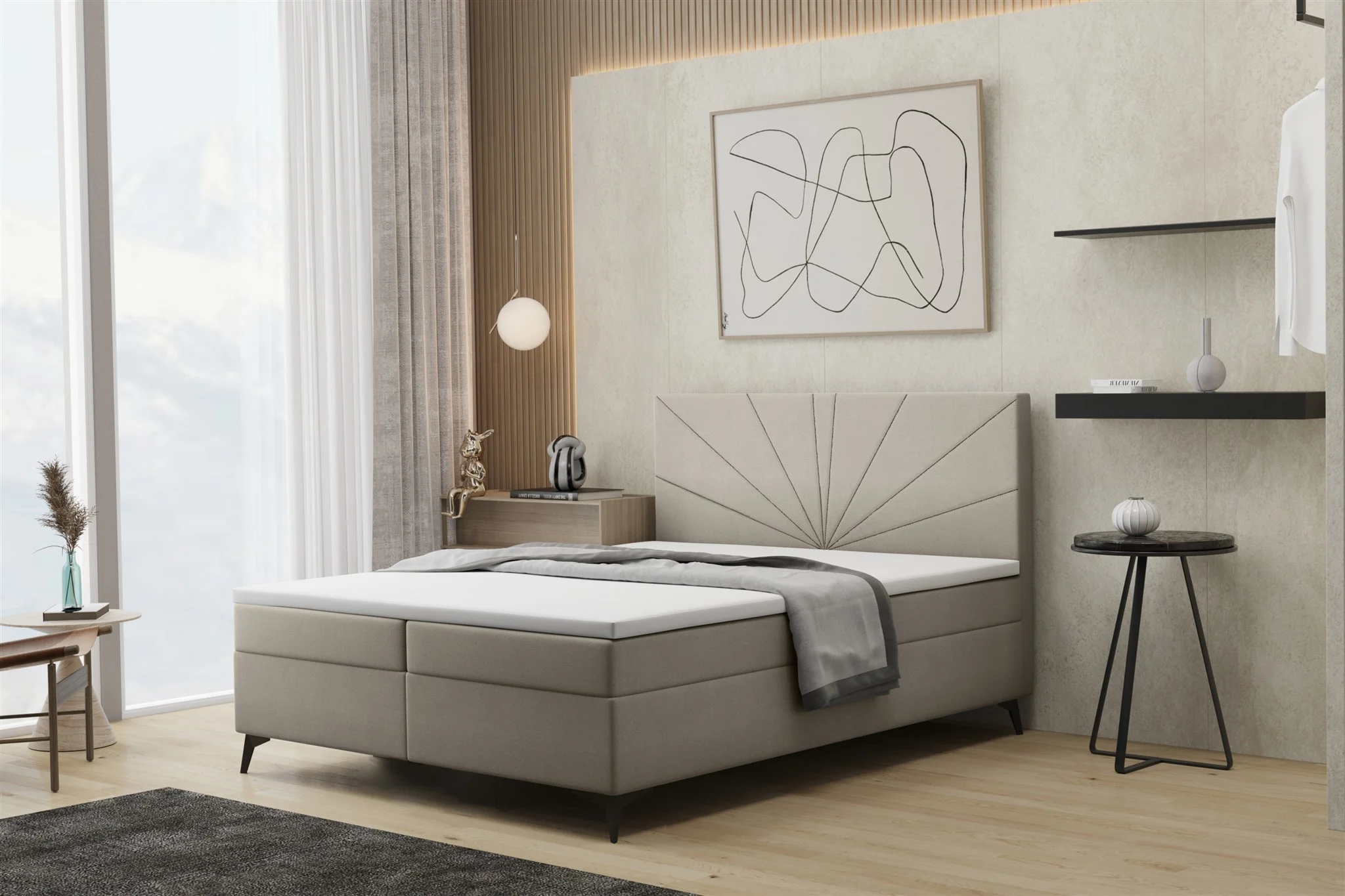 Boxspringbett Schlafzimmerbett PONCE 120x200cm in Stoff Riviera Beige - Fun Moebel