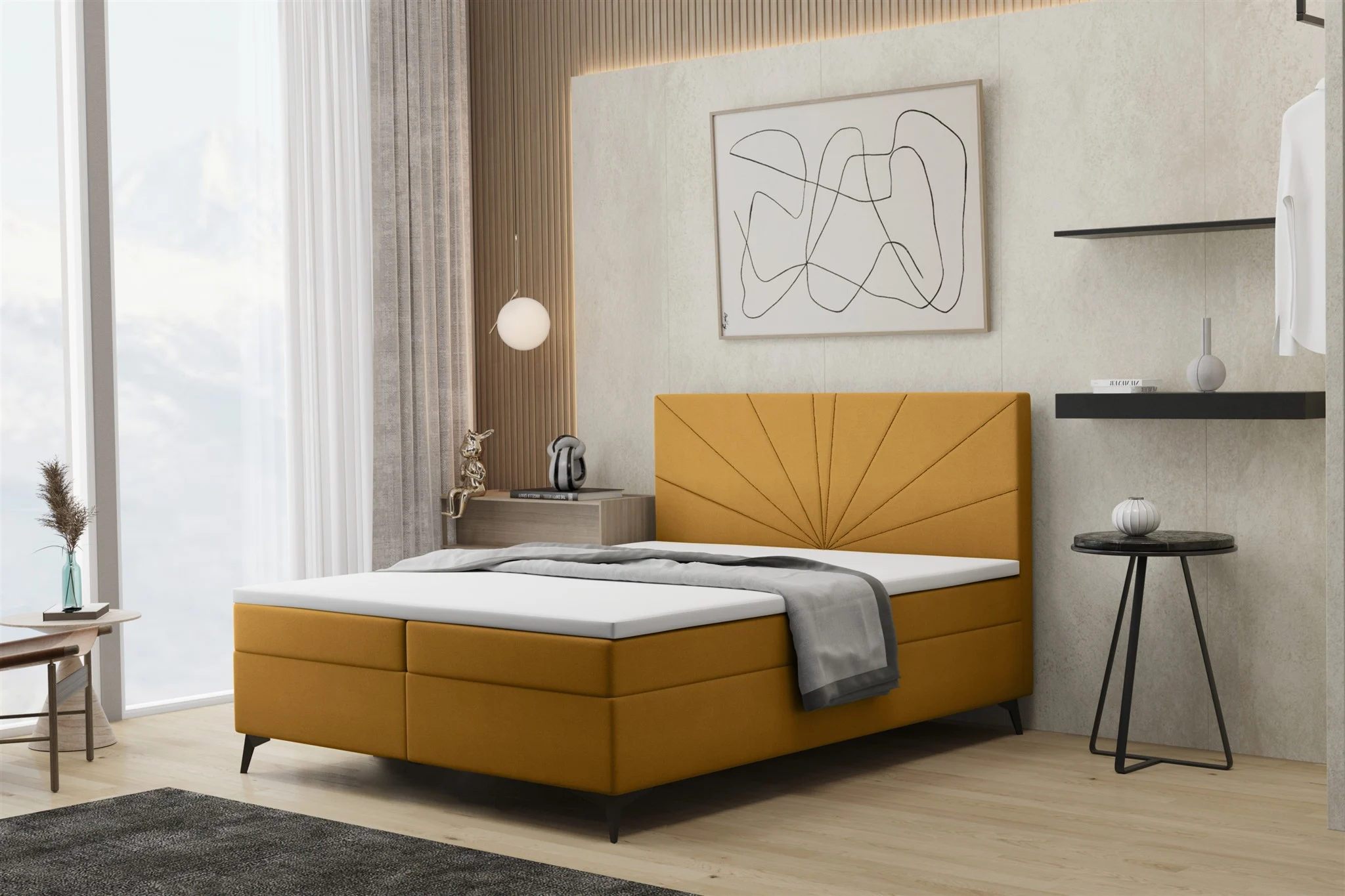 Boxspringbett Schlafzimmerbett PONCE 120x200cm in Stoff Riviera Goldgelb - Fun Moebel