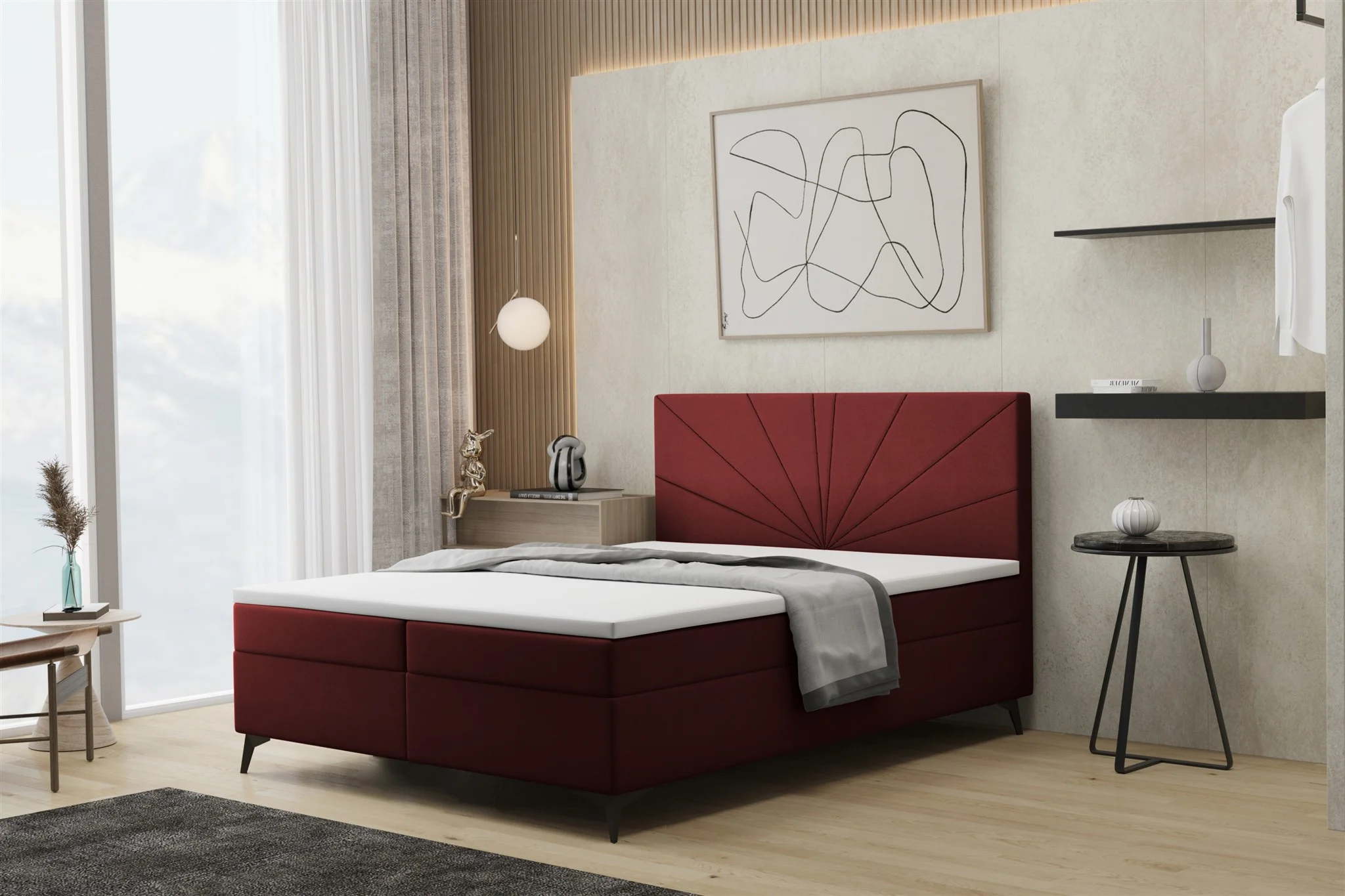 Boxspringbett Schlafzimmerbett PONCE 160x200cm in Stoff Riviera Weinrot - Fun Moebel