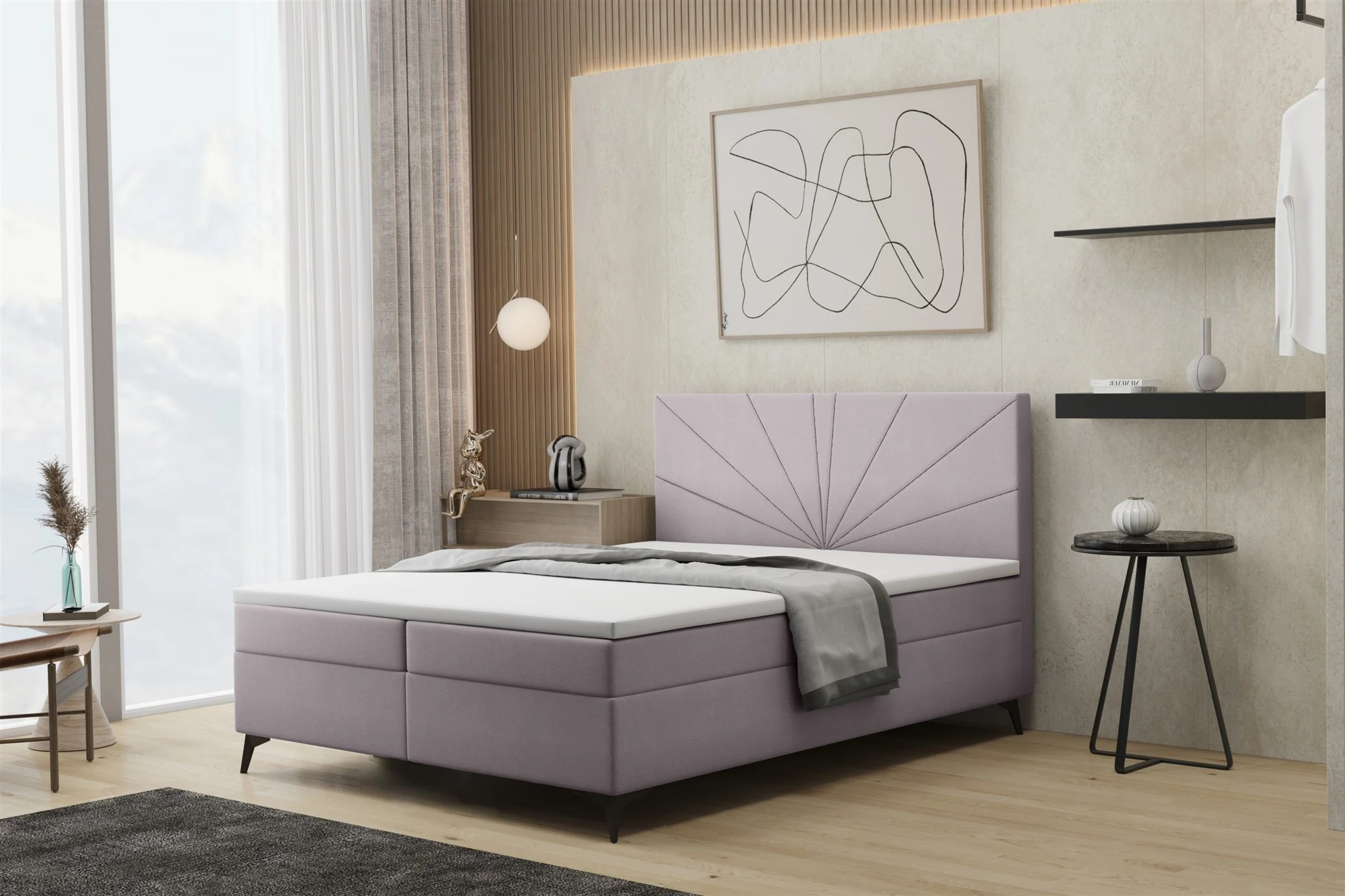 Boxspringbett Schlafzimmerbett PONCE 140x200cm in Stoff Riviera Flieder - Fun Moebel