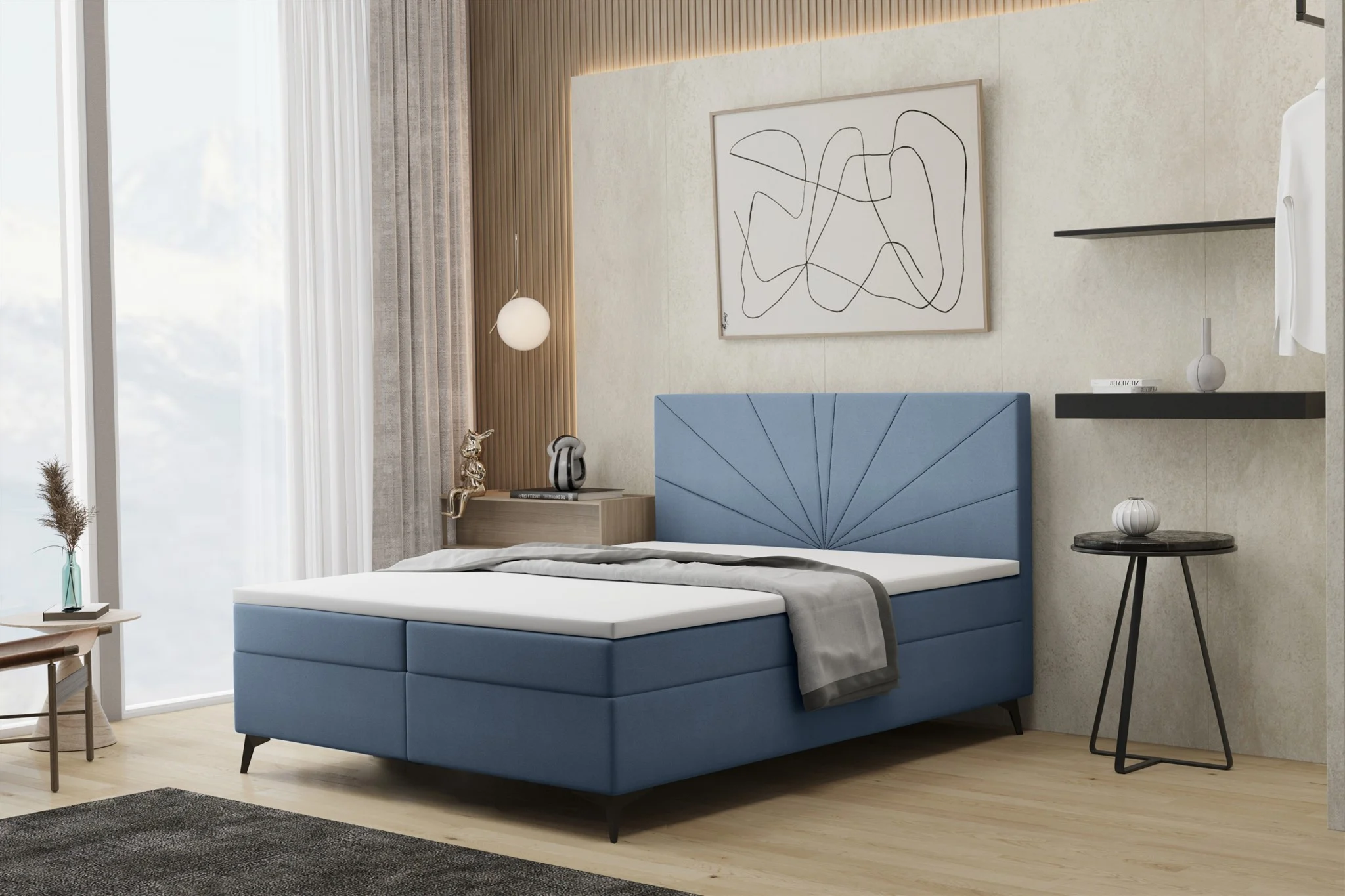 Boxspringbett Schlafzimmerbett PONCE 120x200cm in Stoff Riviera Blau - Fun Moebel