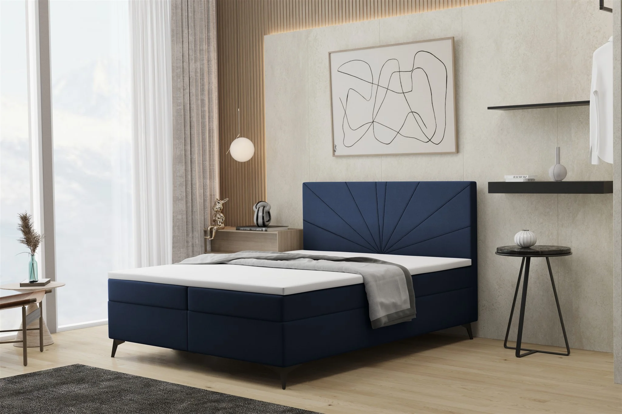 Boxspringbett Schlafzimmerbett PONCE 120x200cm in Stoff Riviera Dunkelblau - Fun Moebel