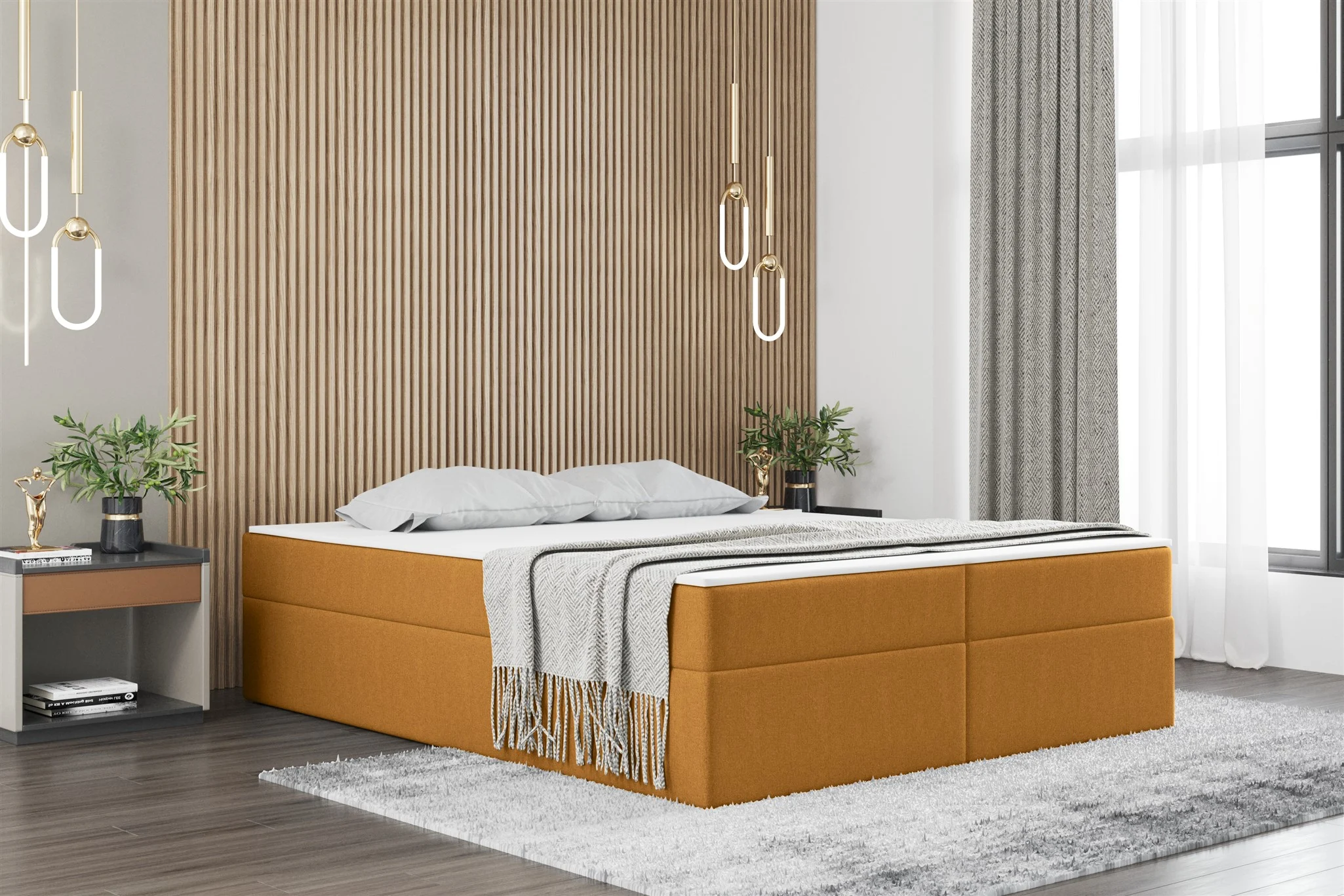 Boxspringbett Schlafzimmerbett PRIMA 120x200cm Stoff Honiggelb inkl. Bettkasten - Fun Möbel