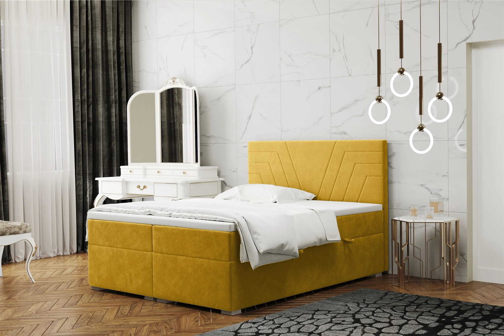 Boxspringbett Schlafzimmerbett RAMON 140x220cm in Stoff Matt Velvet Gelb - Fun Moebel