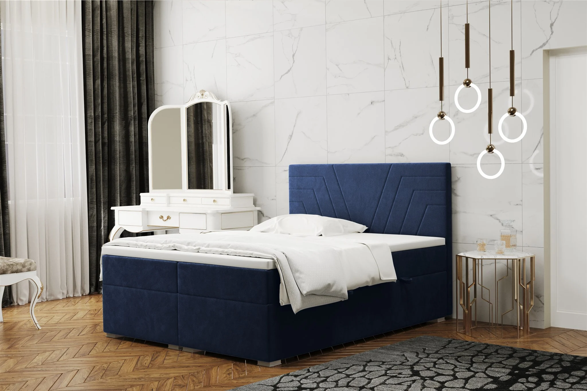 Boxspringbett Schlafzimmerbett RAMON 180x220cm in Stoff Matt Velvet Dunkelblau - Fun Moebel