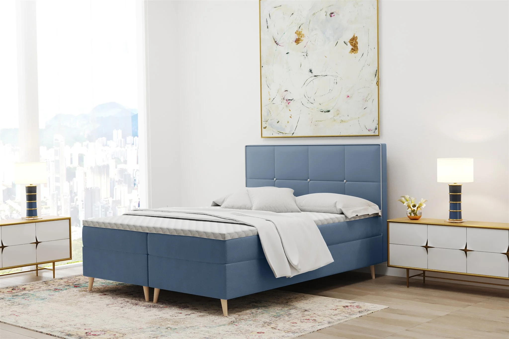 Boxspringbett Schlafzimmerbett RENAN 120x220cm in Stoff Riviera Blau - Fun Moebel