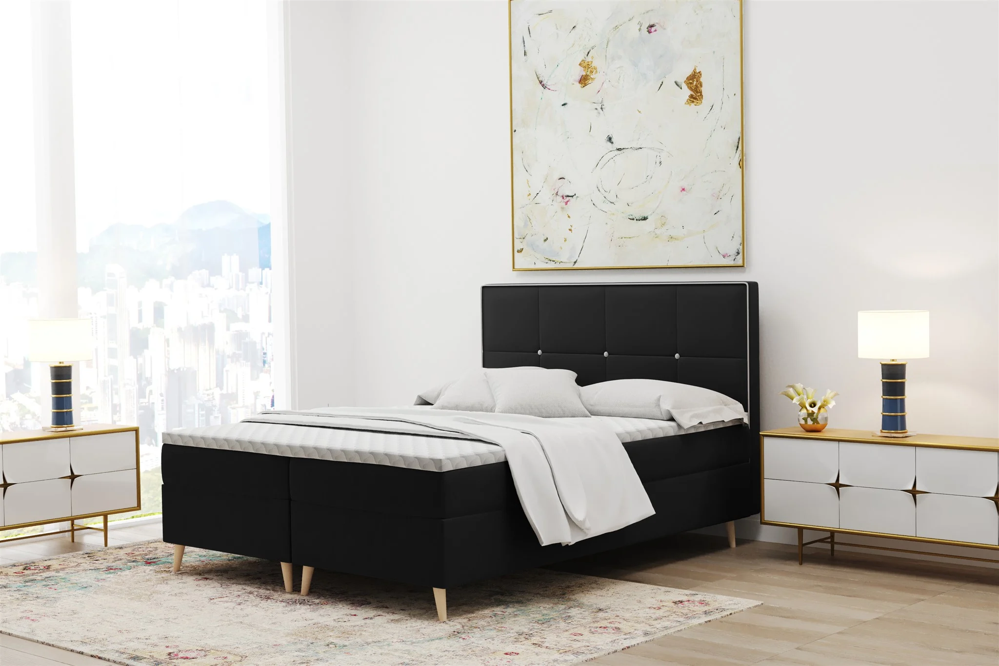 Boxspringbett Schlafzimmerbett RENAN 180x220cm in Stoff Riviera Schwarz - Fun Moebel