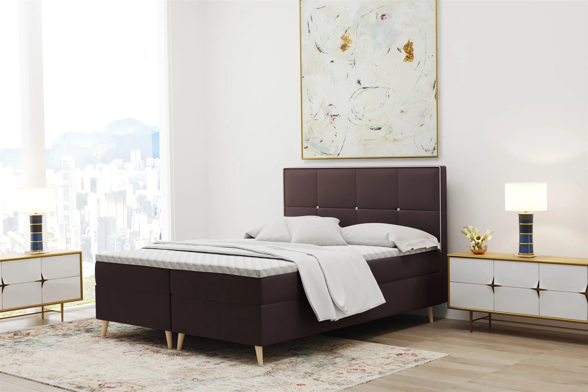 Boxspringbett Schlafzimmerbett RENAN 160x220cm in Stoff Riviera Dunkelbraun - Fun Moebel