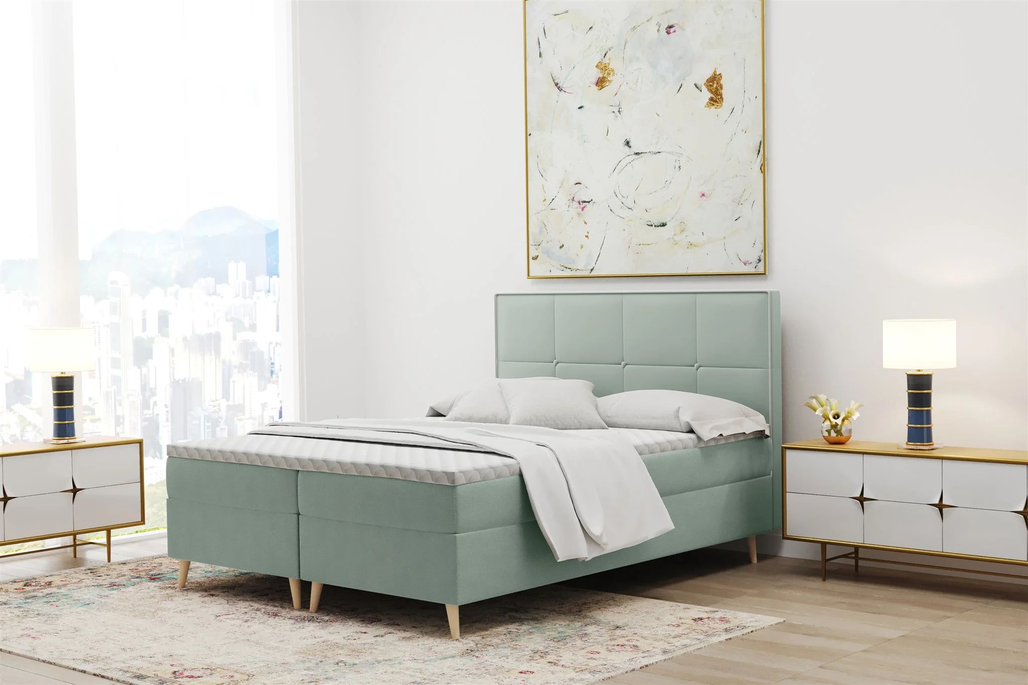 Boxspringbett Schlafzimmerbett RENAN 120x200cm in Stoff Riviera Mint - Fun Moebel