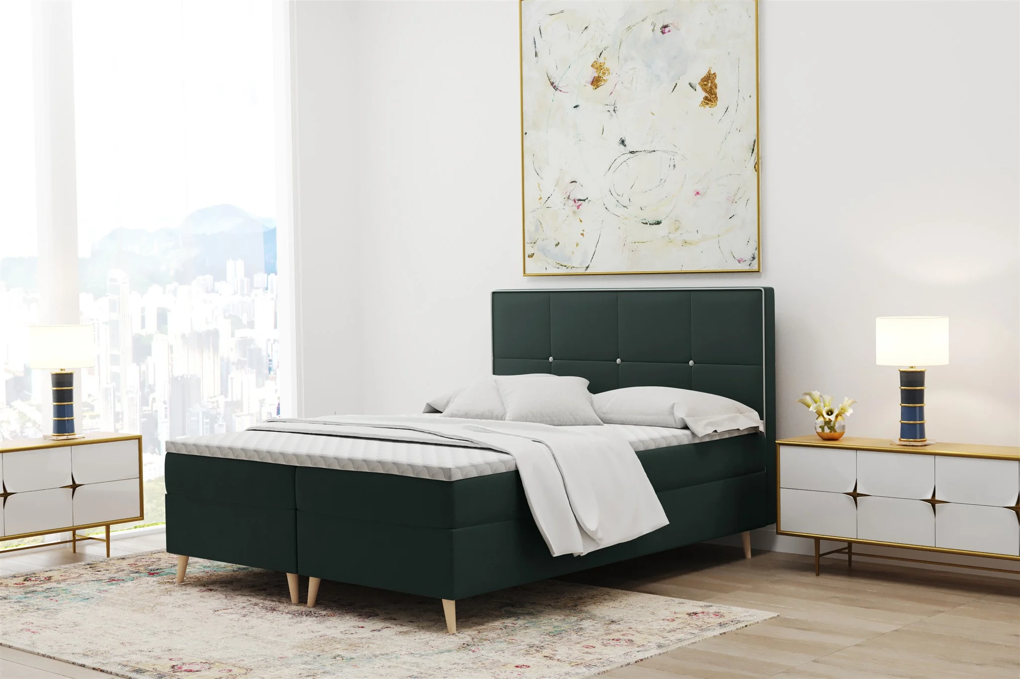 Boxspringbett Schlafzimmerbett RENAN 160x220cm in Stoff Riviera Grün - Fun Moebel