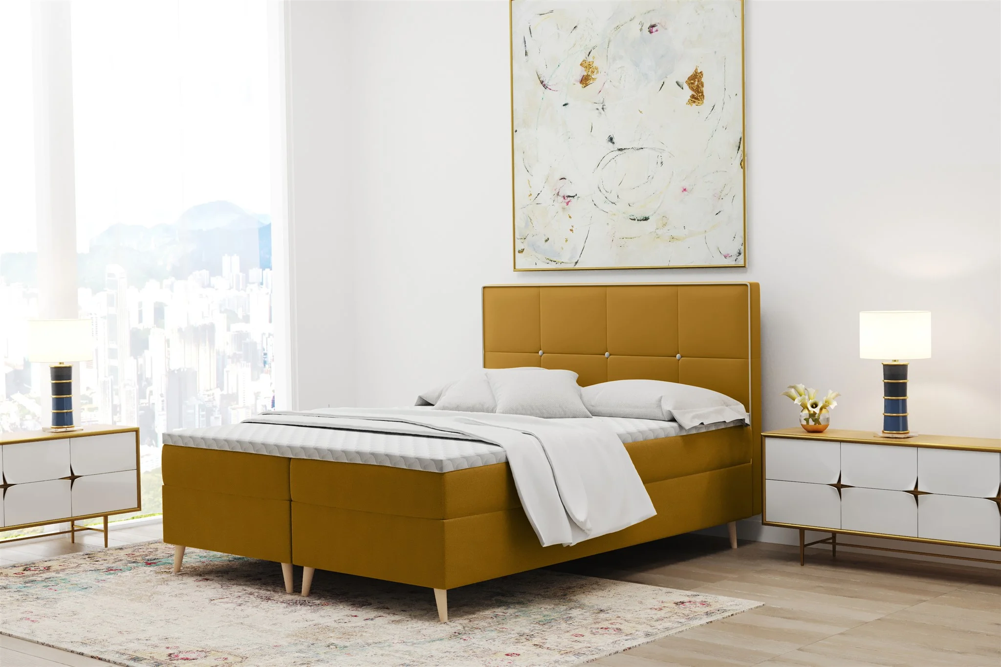 Boxspringbett Schlafzimmerbett RENAN 120x220cm in Stoff Riviera Goldgelb - Fun Moebel