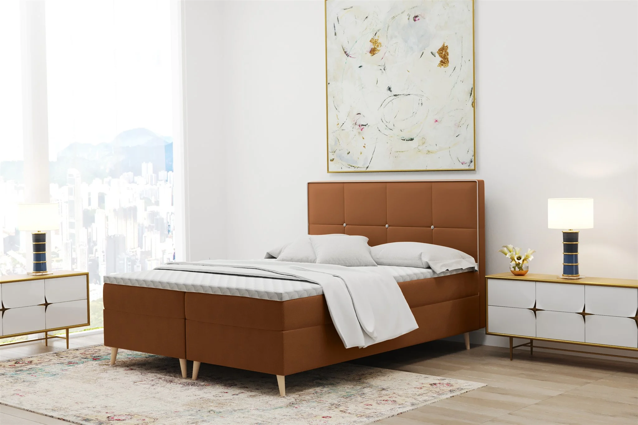 Boxspringbett Schlafzimmerbett RENAN 140x220cm in Stoff Riviera Orangebraun - Fun Moebel