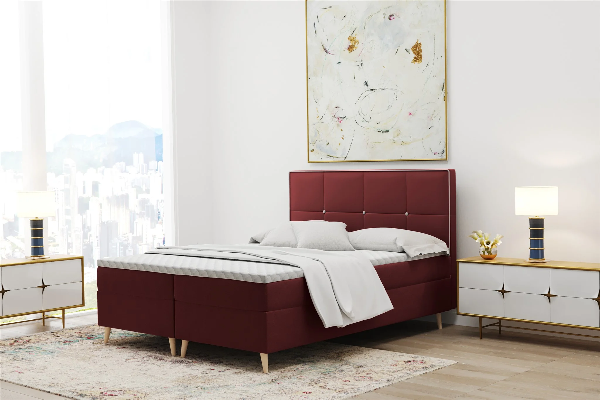 Boxspringbett Schlafzimmerbett RENAN 140x220cm in Stoff Riviera Weinrot - Fun Moebel