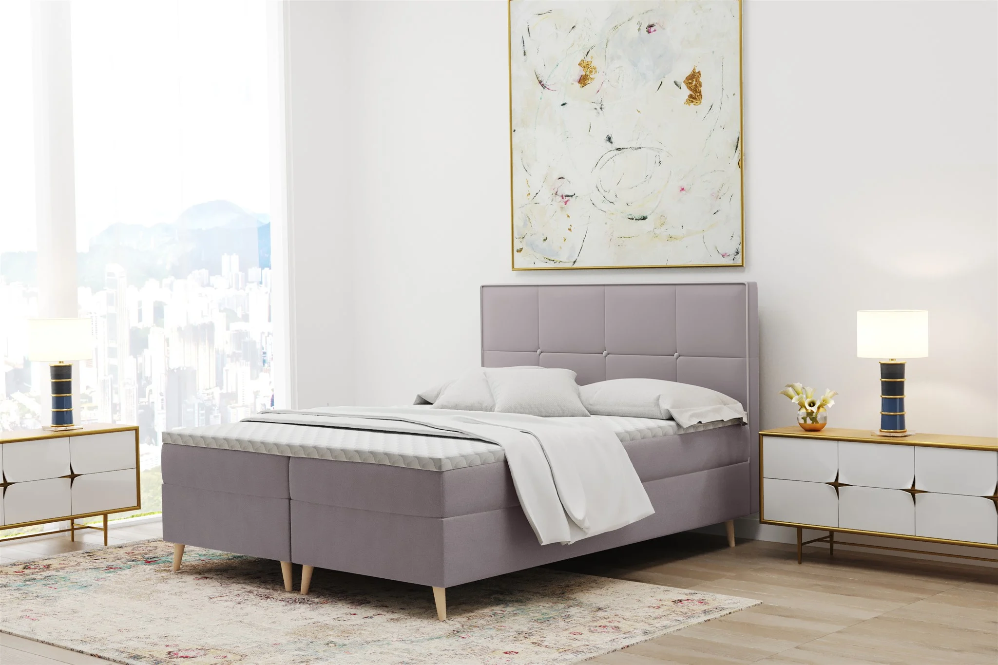 Boxspringbett Schlafzimmerbett RENAN 120x220cm in Stoff Riviera Flieder - Fun Moebel
