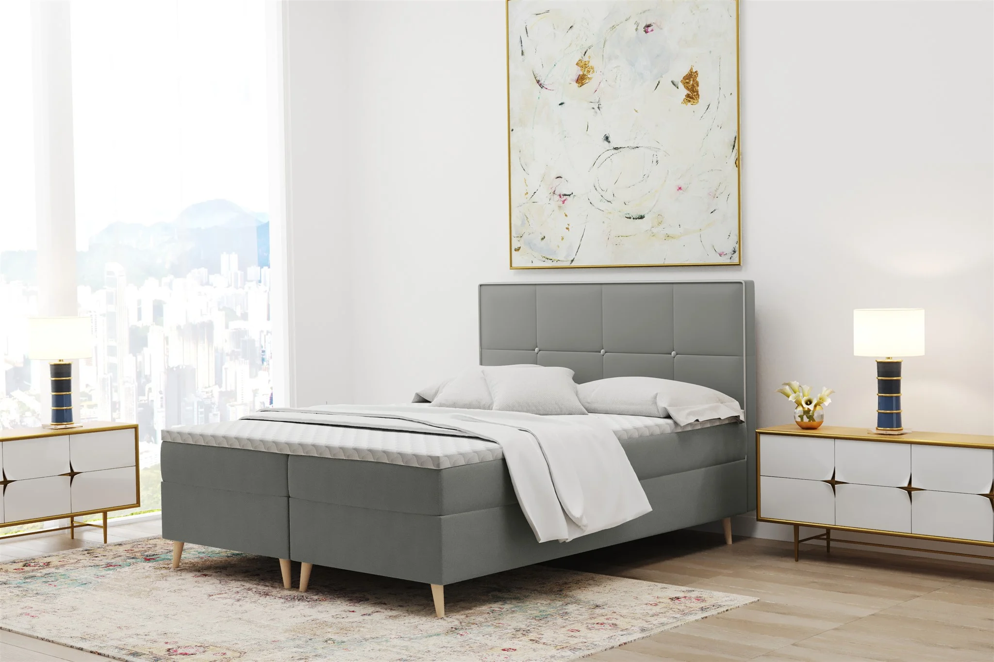 Boxspringbett Schlafzimmerbett RENAN 120x220cm in Stoff Riviera Grau - Fun Moebel