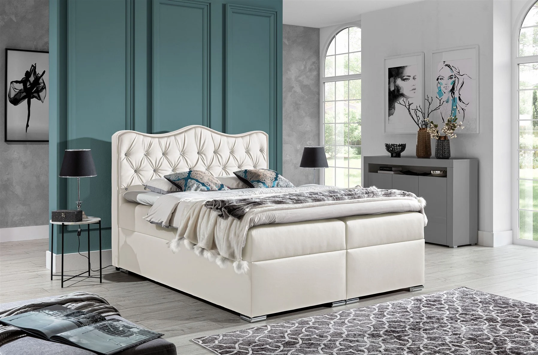 Boxspringbett Schlafzimmerbett SAHAN 120x200cm Kunstleder Weiss - Fun Moebel