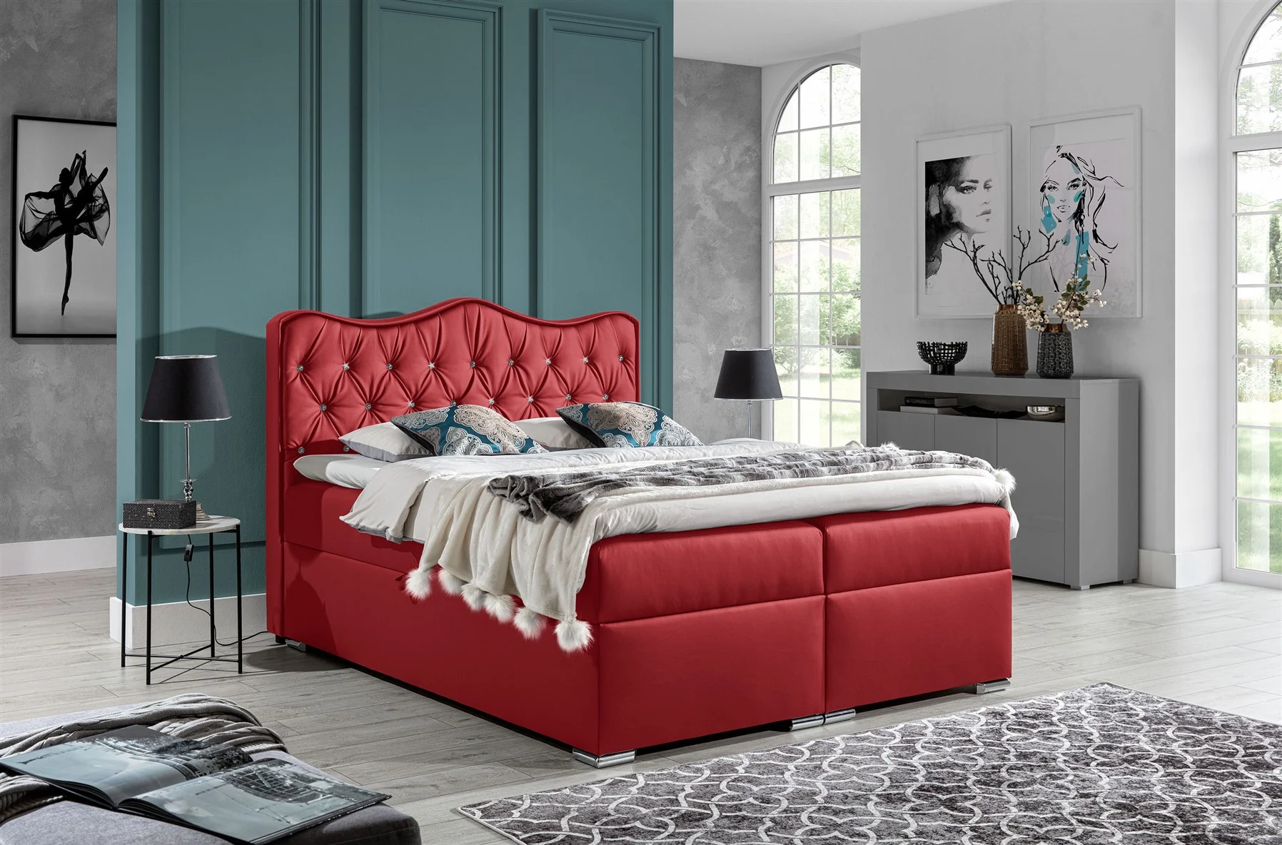 Boxspringbett Schlafzimmerbett SAHAN 120x200cm Kunstleder Rot - Fun Moebel