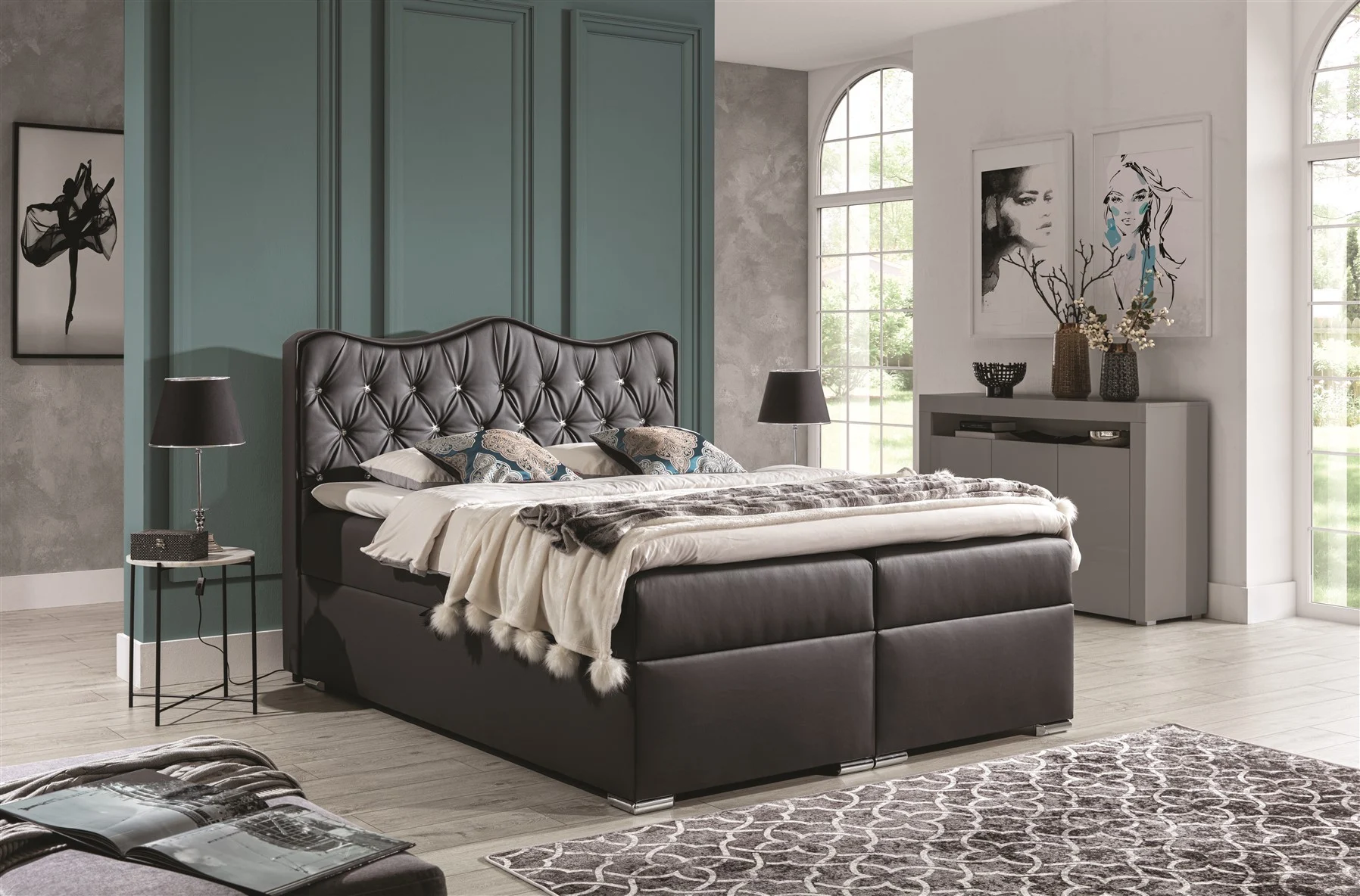 Boxspringbett Schlafzimmerbett SAHAN 120x200cm Kunstleder Anthrazit - Fun Moebel