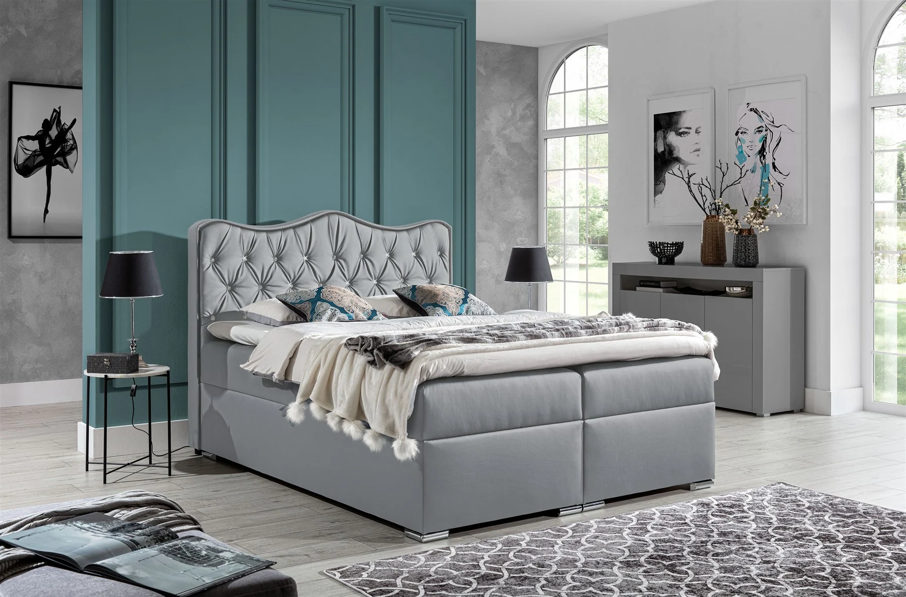 Boxspringbett Schlafzimmerbett SAHAN 120x200cm Kunstleder Hellgrau - Fun Moebel
