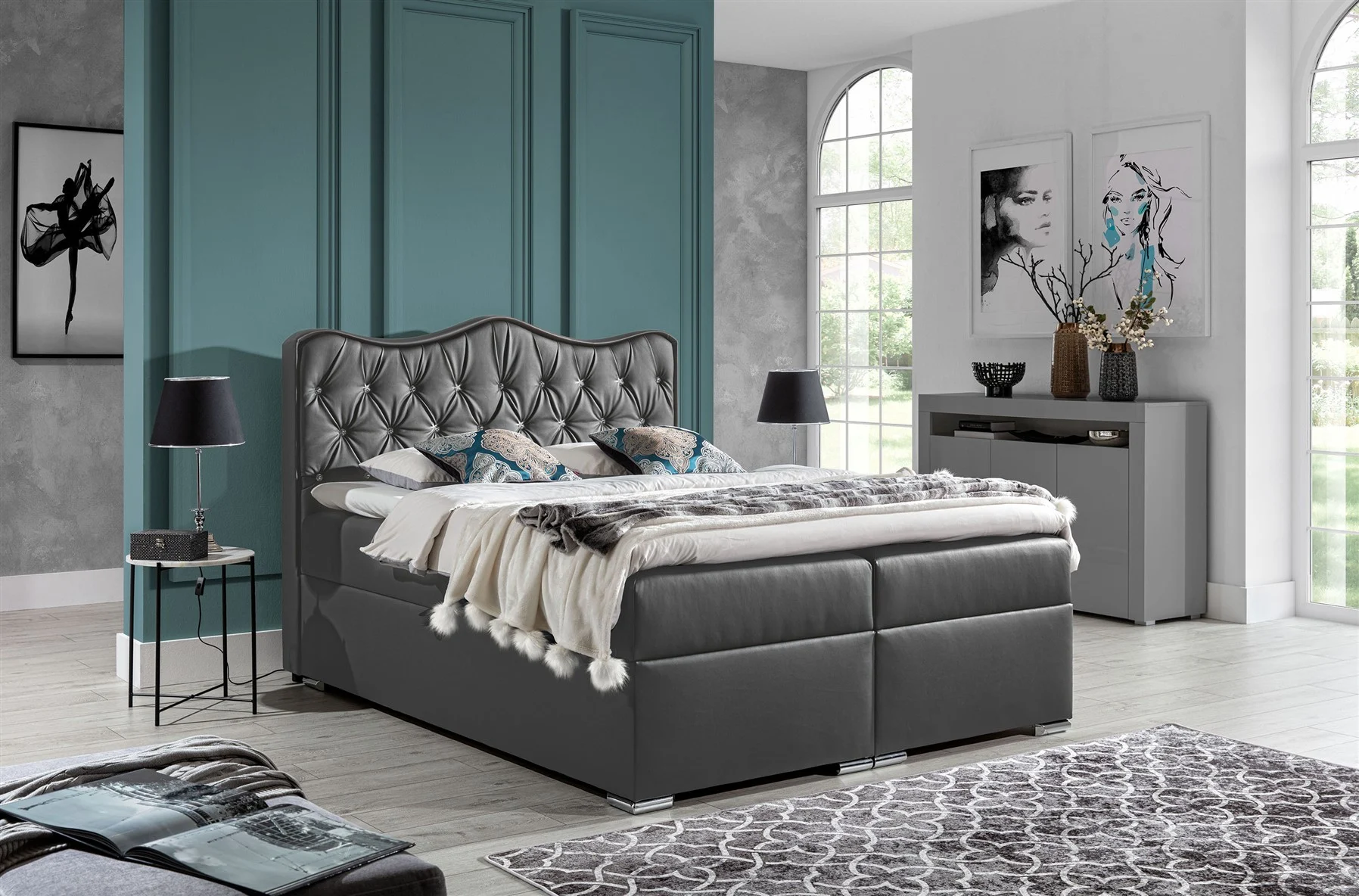 Boxspringbett Schlafzimmerbett SAHAN 120x200cm Kunstleder Dunkelgrau - Fun Moebel