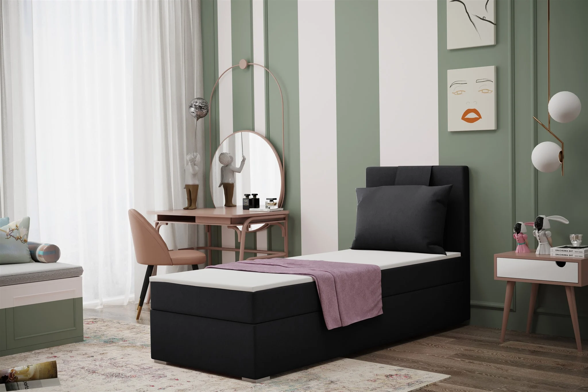 Boxspringbett Schlafzimmerbett SALMA 90x200cm in Stoff Soro Schwarz - Fun Moebel