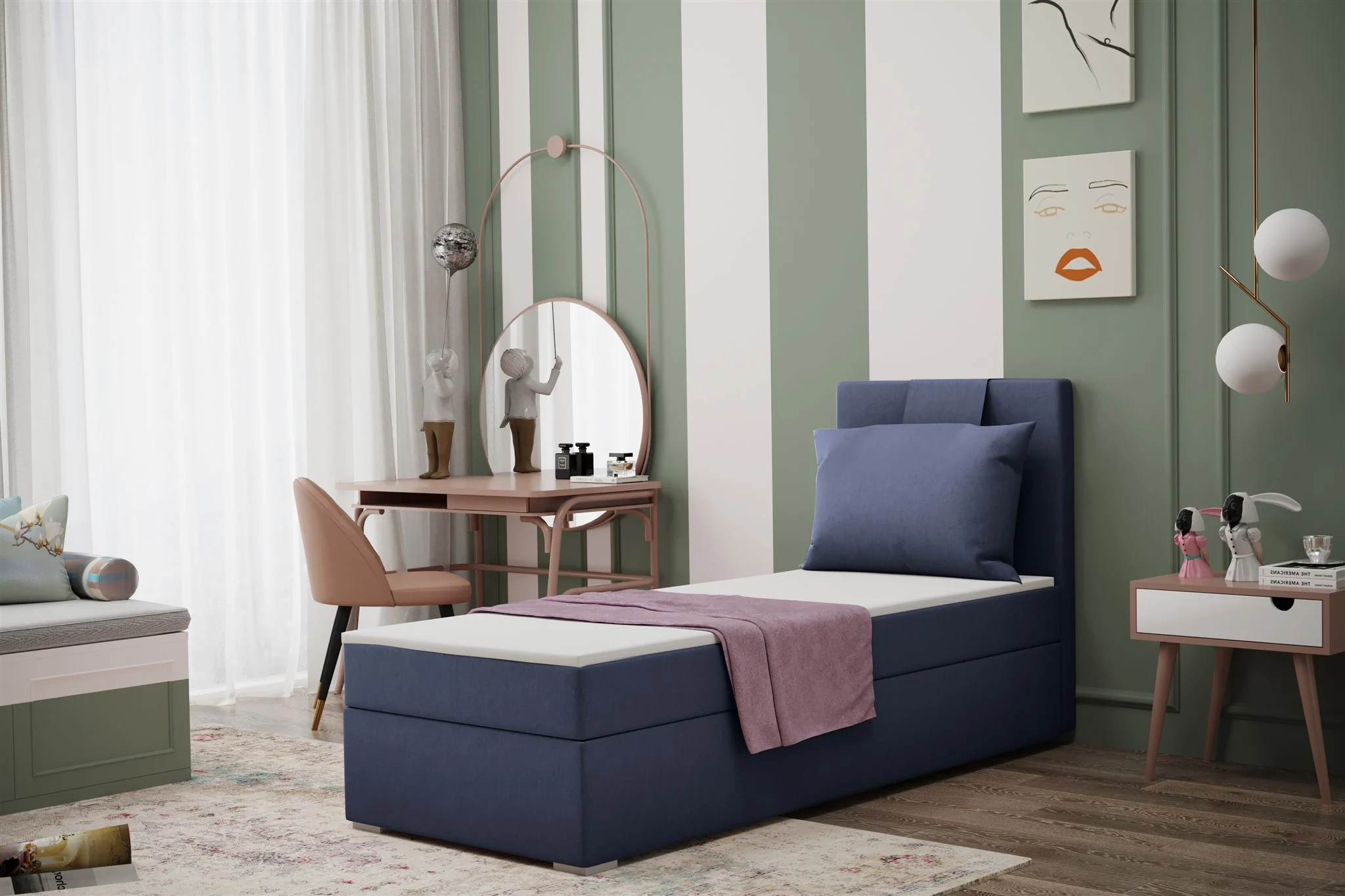 Boxspringbett Schlafzimmerbett SALMA 70x200cm in Stoff Soro Blau - Fun Moebel