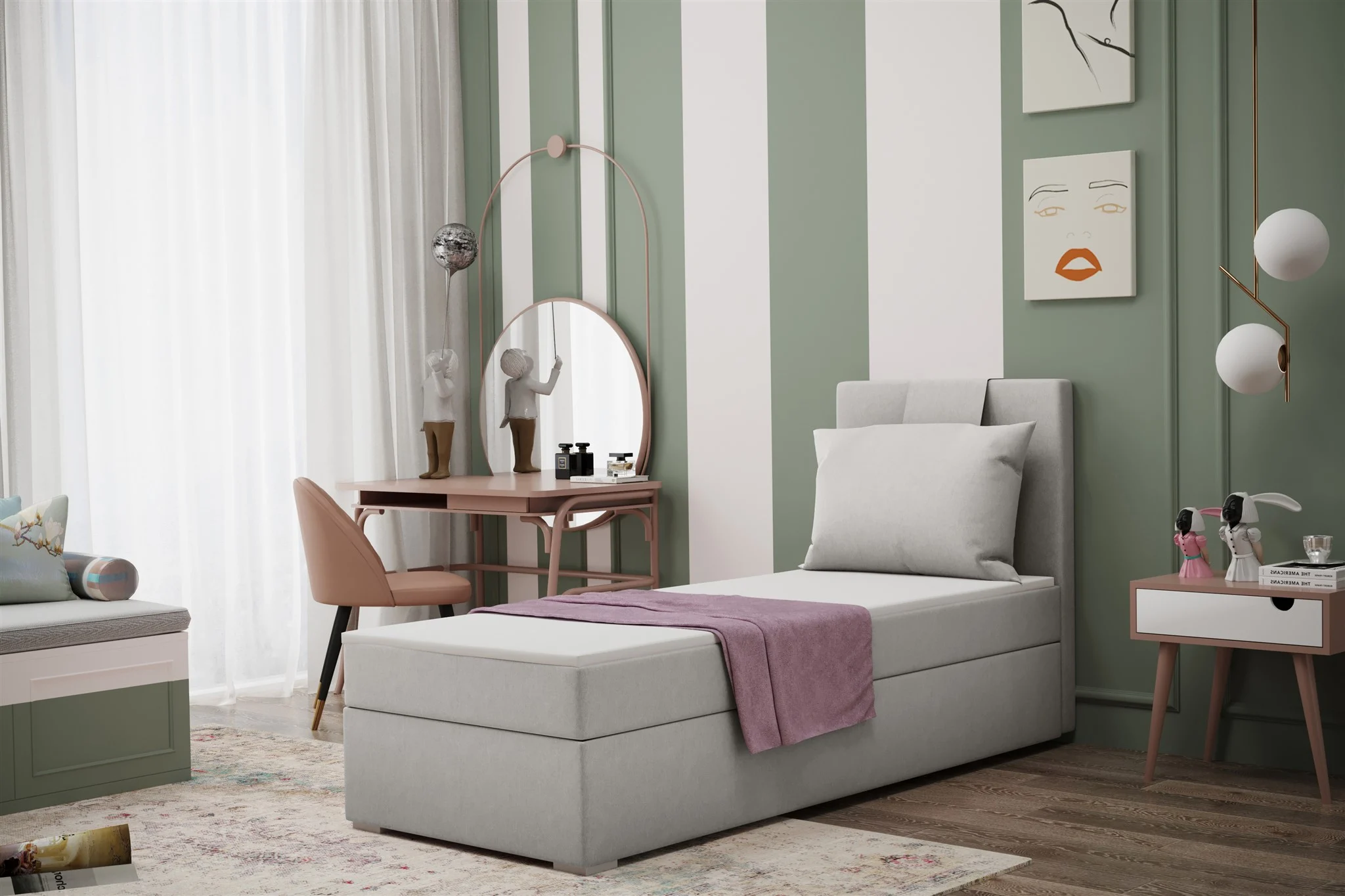 Boxspringbett Schlafzimmerbett SALMA 70x200cm in Stoff Soro Hellgrau - Fun Moebel