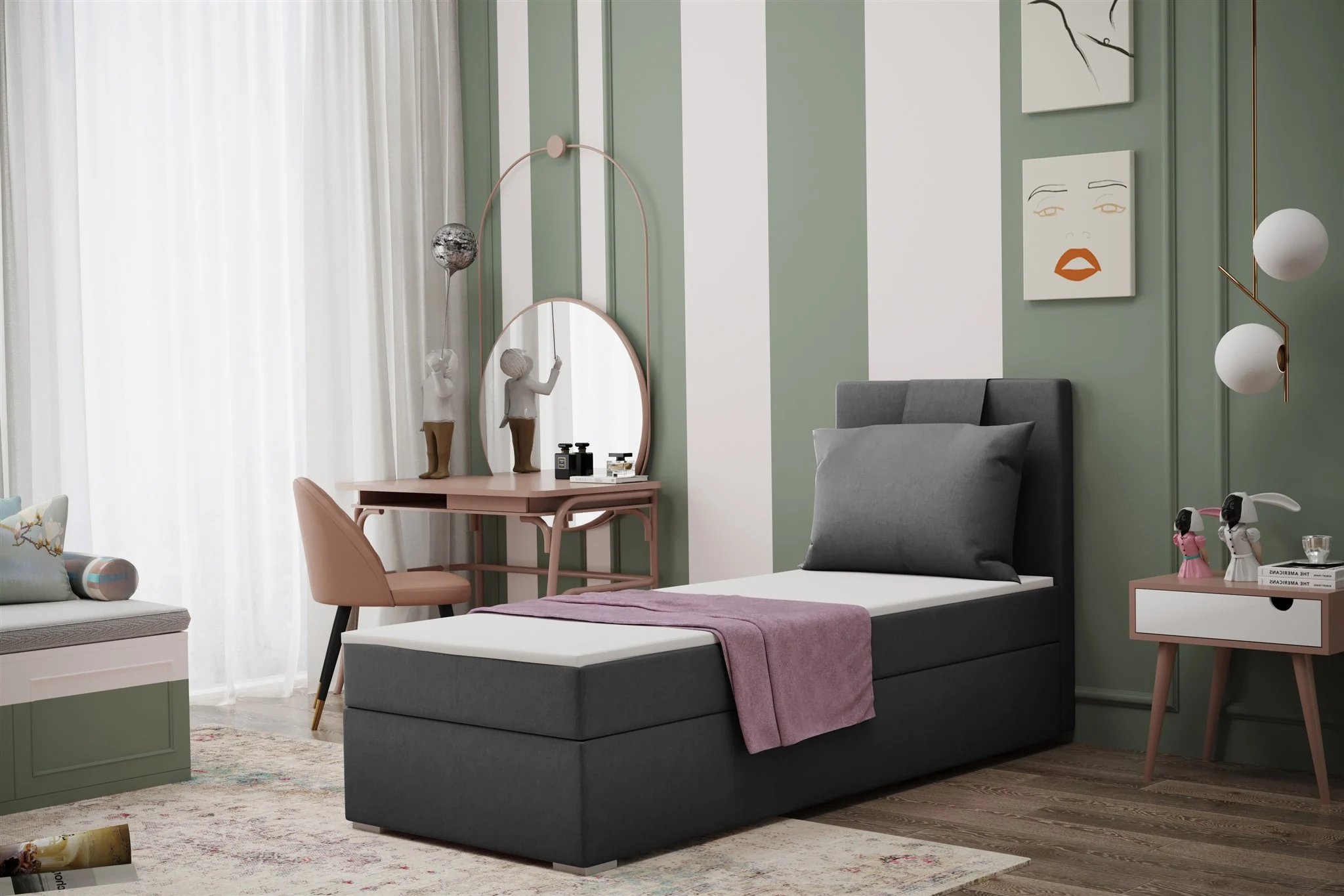 Boxspringbett Schlafzimmerbett SALMA 100x200cm in Stoff Soro Anthrazit - Fun Moebel