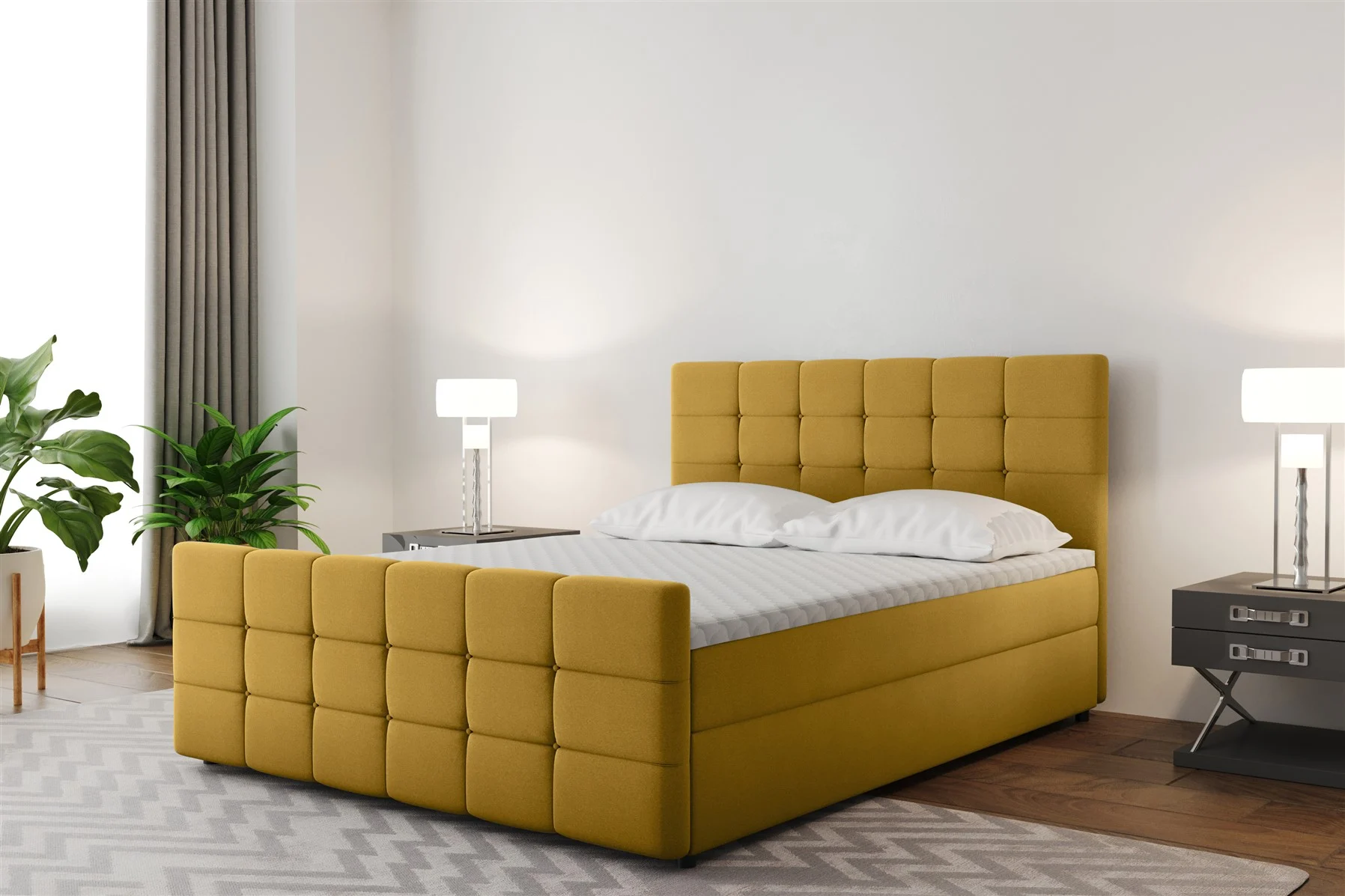 Boxspringbett Schlafzimmerbett SENON 120x200cm Stoff Gelb inkl. Bettkasten - Fun Moebel