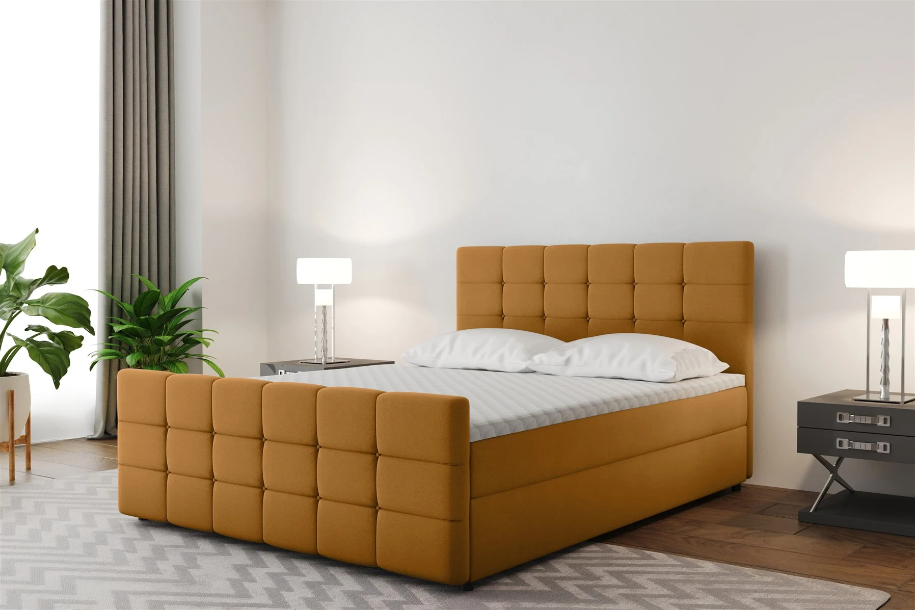 Boxspringbett Schlafzimmerbett SENON 120x220cm Stoff Senf inkl. Bettkasten - Fun Moebel