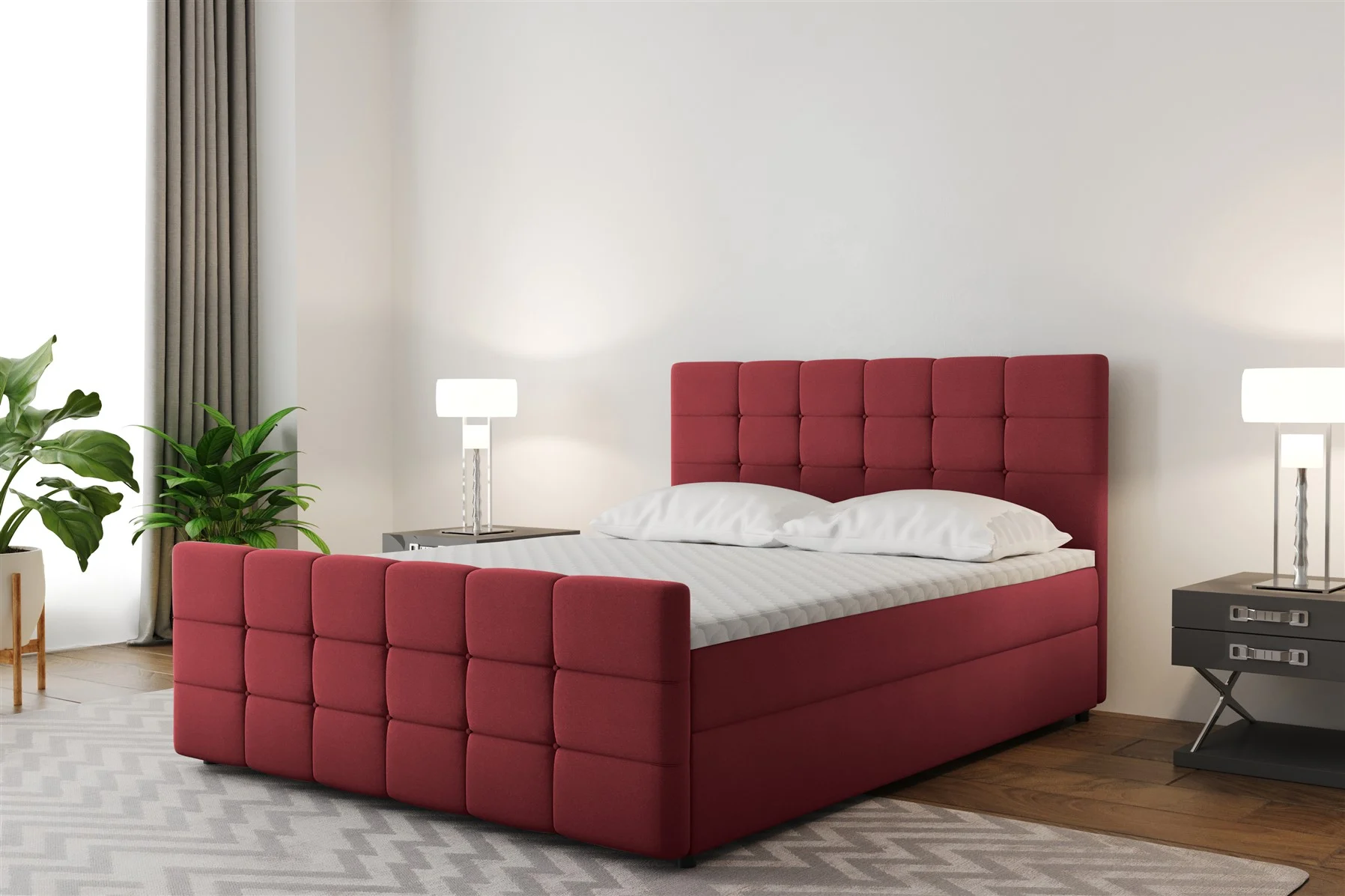 Boxspringbett Schlafzimmerbett SENON 140x220cm Stoff Rot inkl. Bettkasten - Fun Moebel
