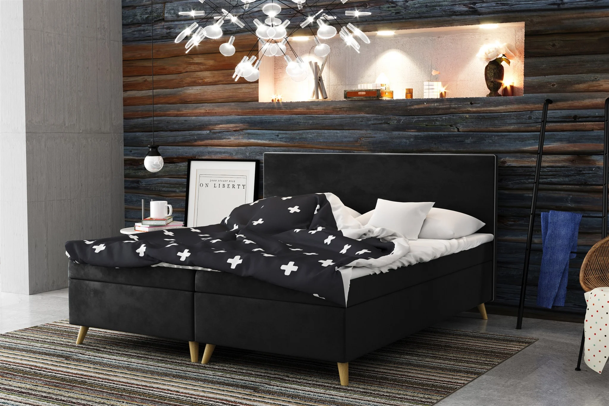 Boxspringbett Schlafzimmerbett Sileno 140x200cm in Stoff Riviera Schwarz - Fun Moebel