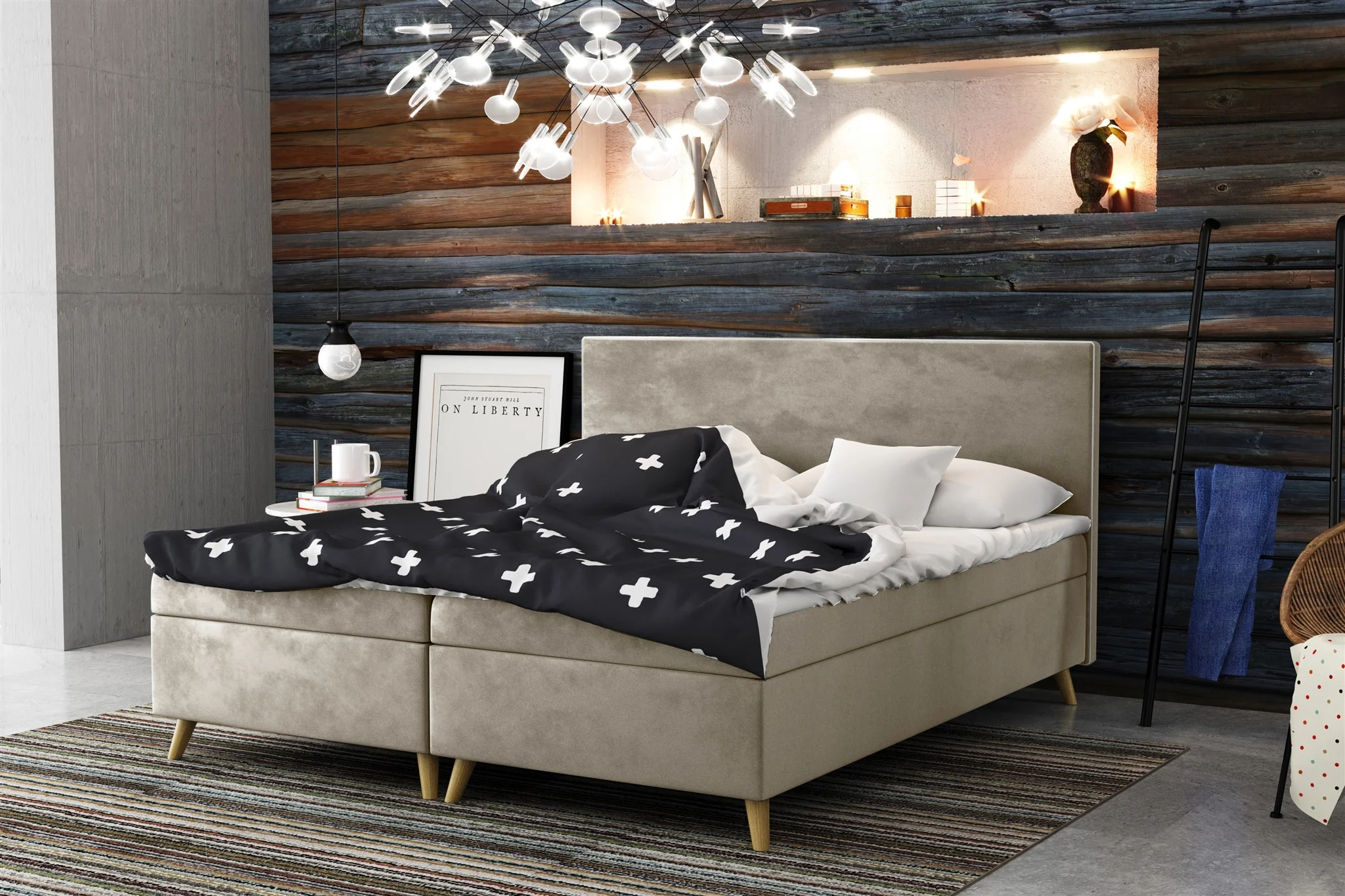 Boxspringbett Schlafzimmerbett Sileno 160x200cm in Stoff Riviera Beige - Fun Moebel