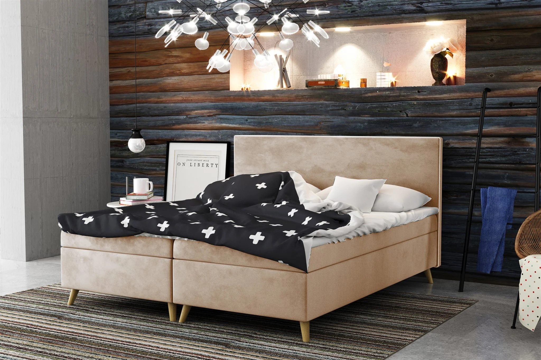 Boxspringbett Schlafzimmerbett Sileno 140x200cm in Stoff Riviera Creme - Fun Moebel