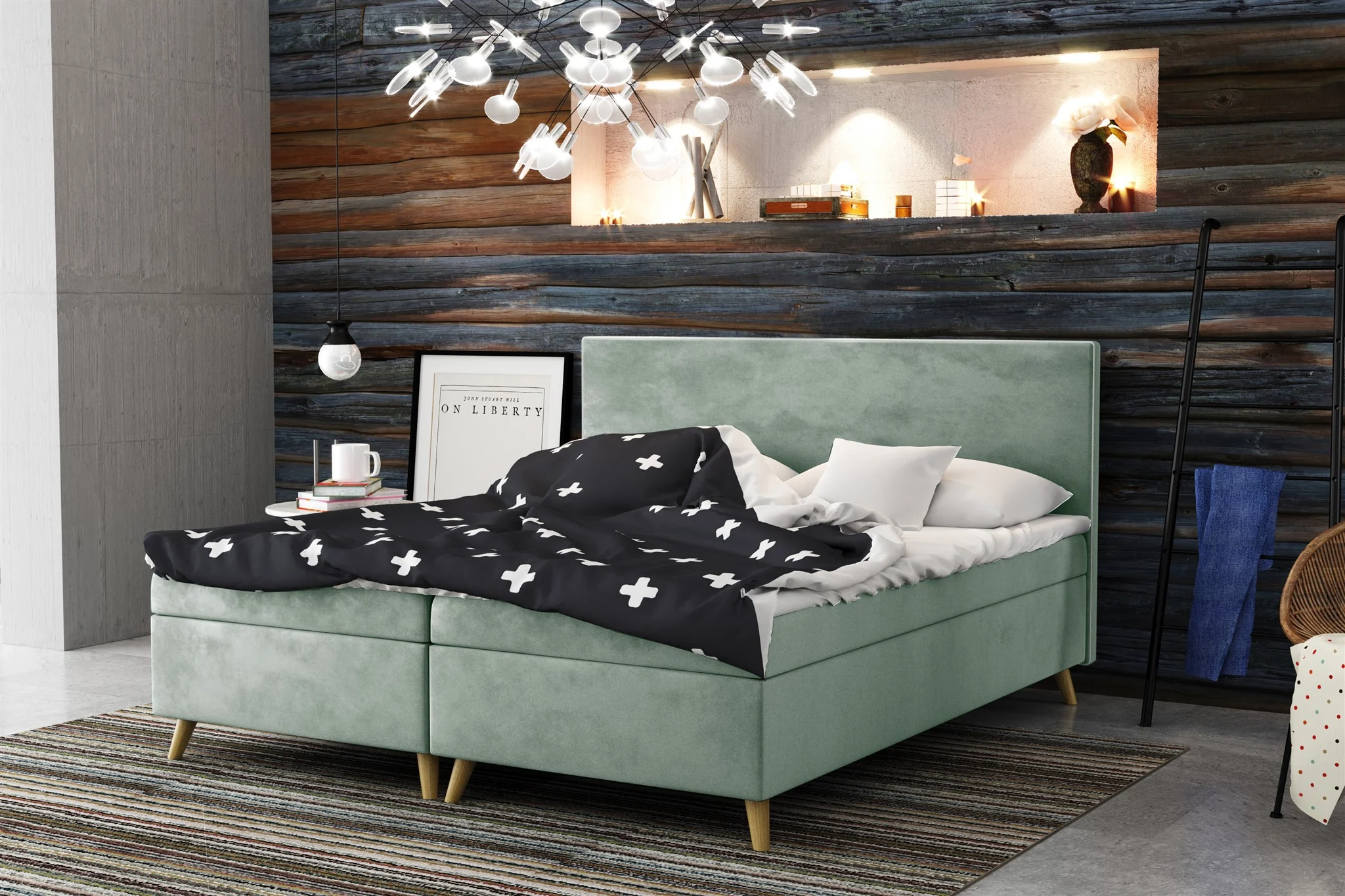 Boxspringbett Schlafzimmerbett Sileno 160x200cm in Stoff Riviera Mint - Fun Moebel