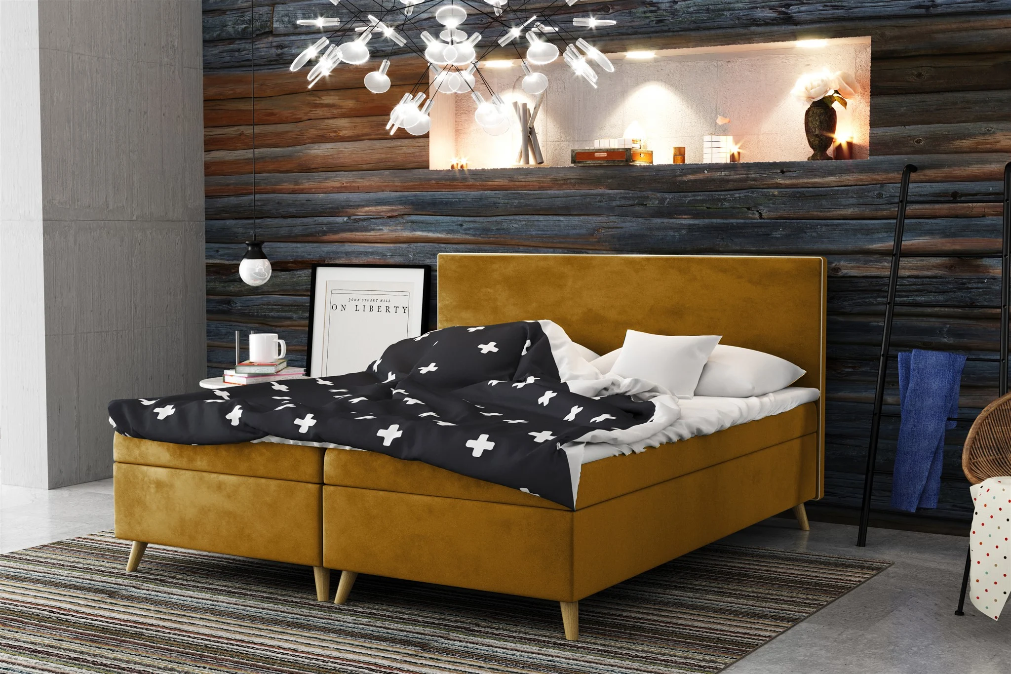 Boxspringbett Schlafzimmerbett Sileno 140x200cm in Stoff Riviera Goldgelb - Fun Moebel