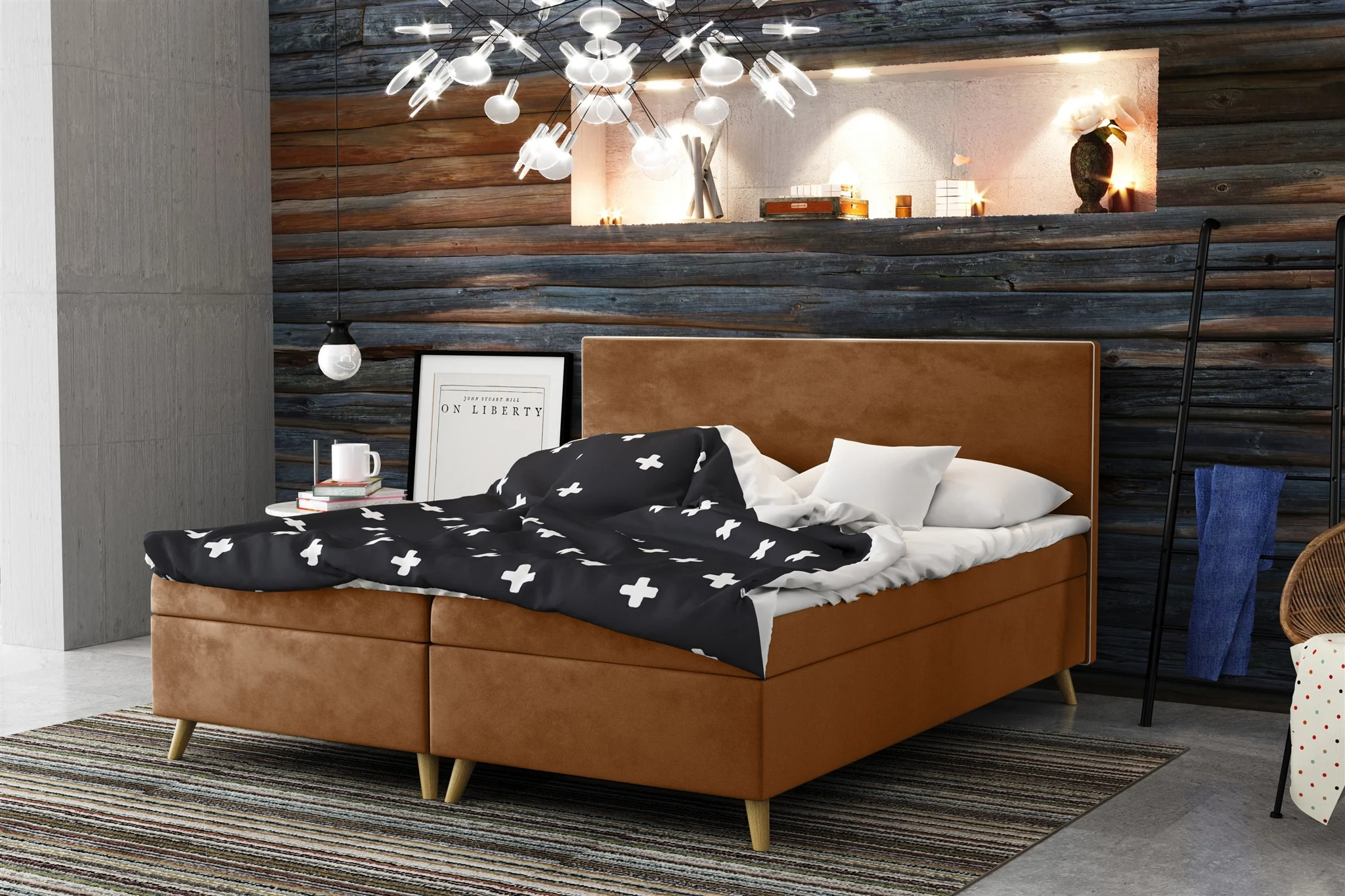 Boxspringbett Schlafzimmerbett Sileno 160x200cm in Stoff Riviera Orangebraun - Fun Moebel