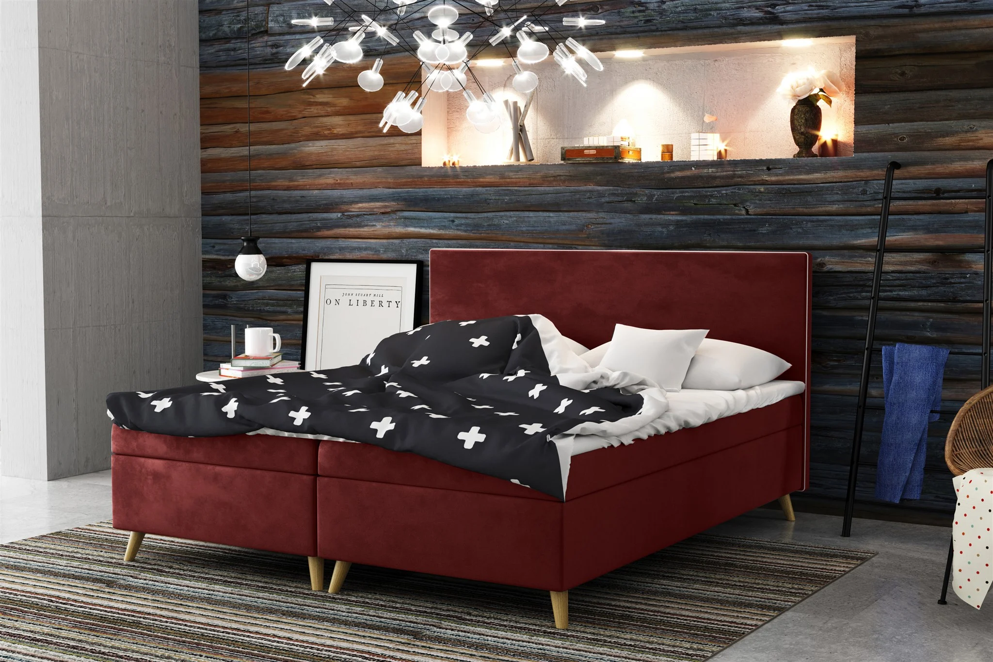 Boxspringbett Schlafzimmerbett Sileno 160x200cm in Stoff Riviera Weinrot - Fun Moebel