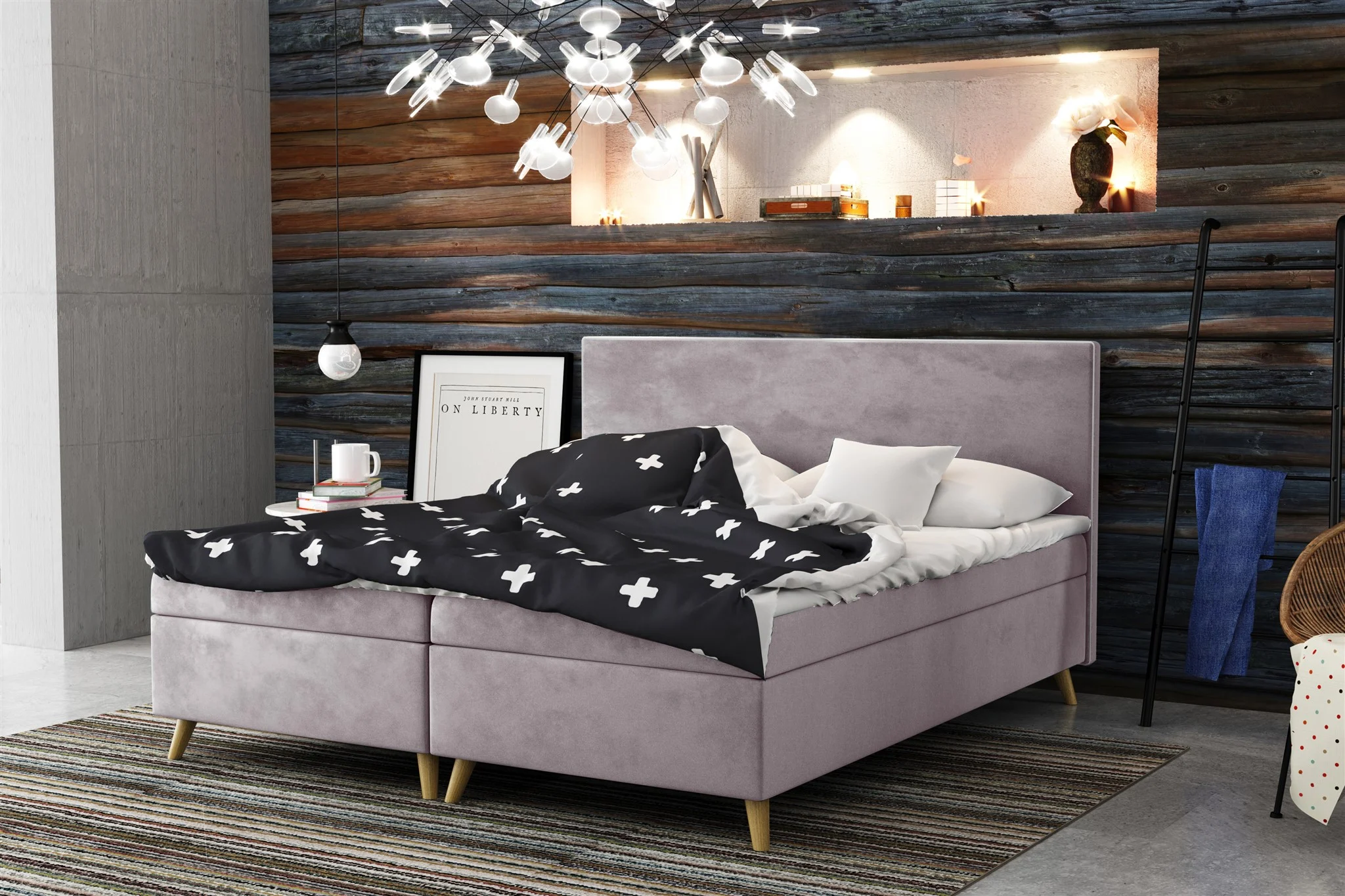 Boxspringbett Schlafzimmerbett Sileno 140x200cm in Stoff Riviera Flieder - Fun Moebel