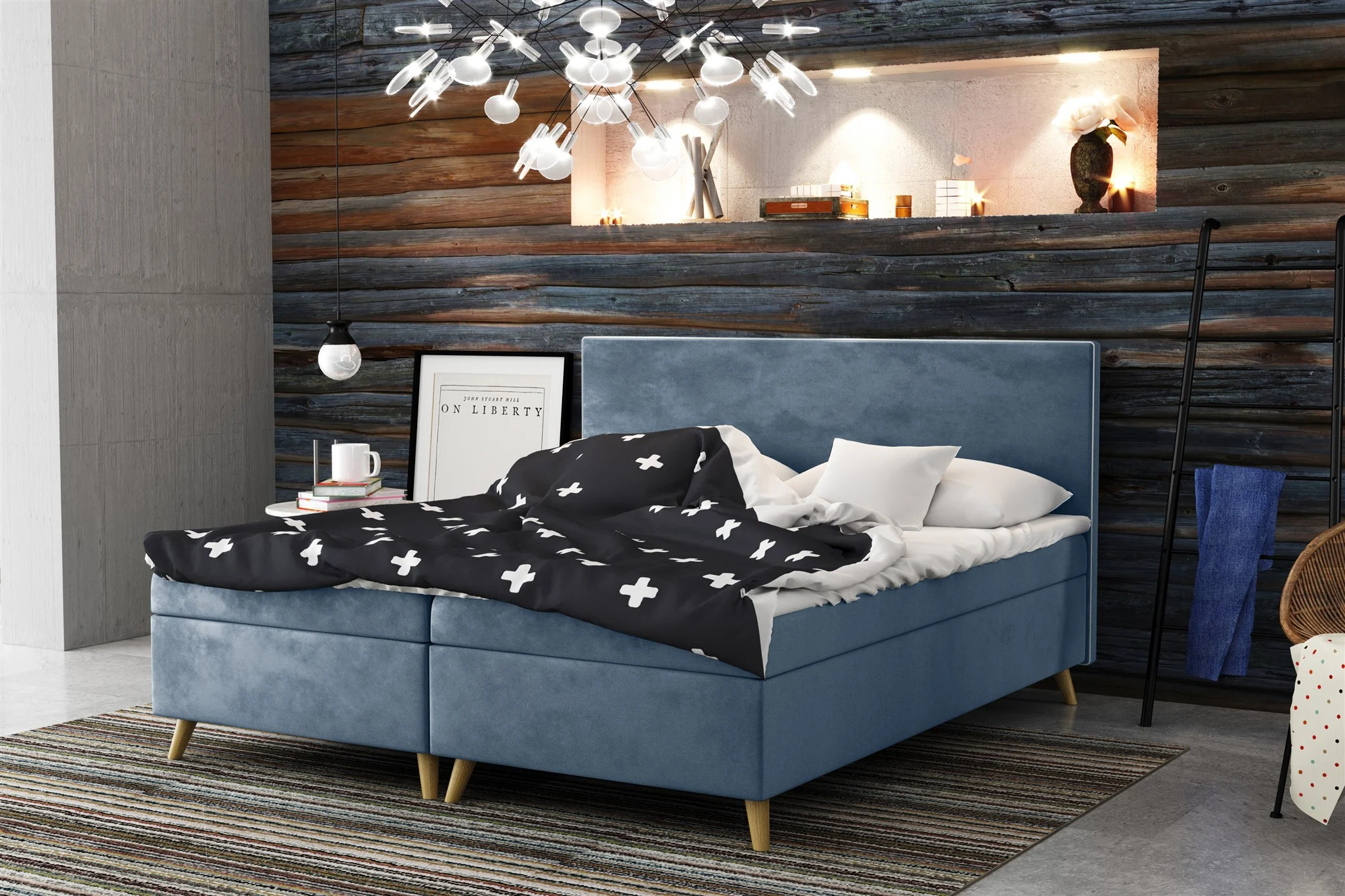 Boxspringbett Schlafzimmerbett Sileno 160x200cm in Stoff Riviera Blau - Fun Moebel
