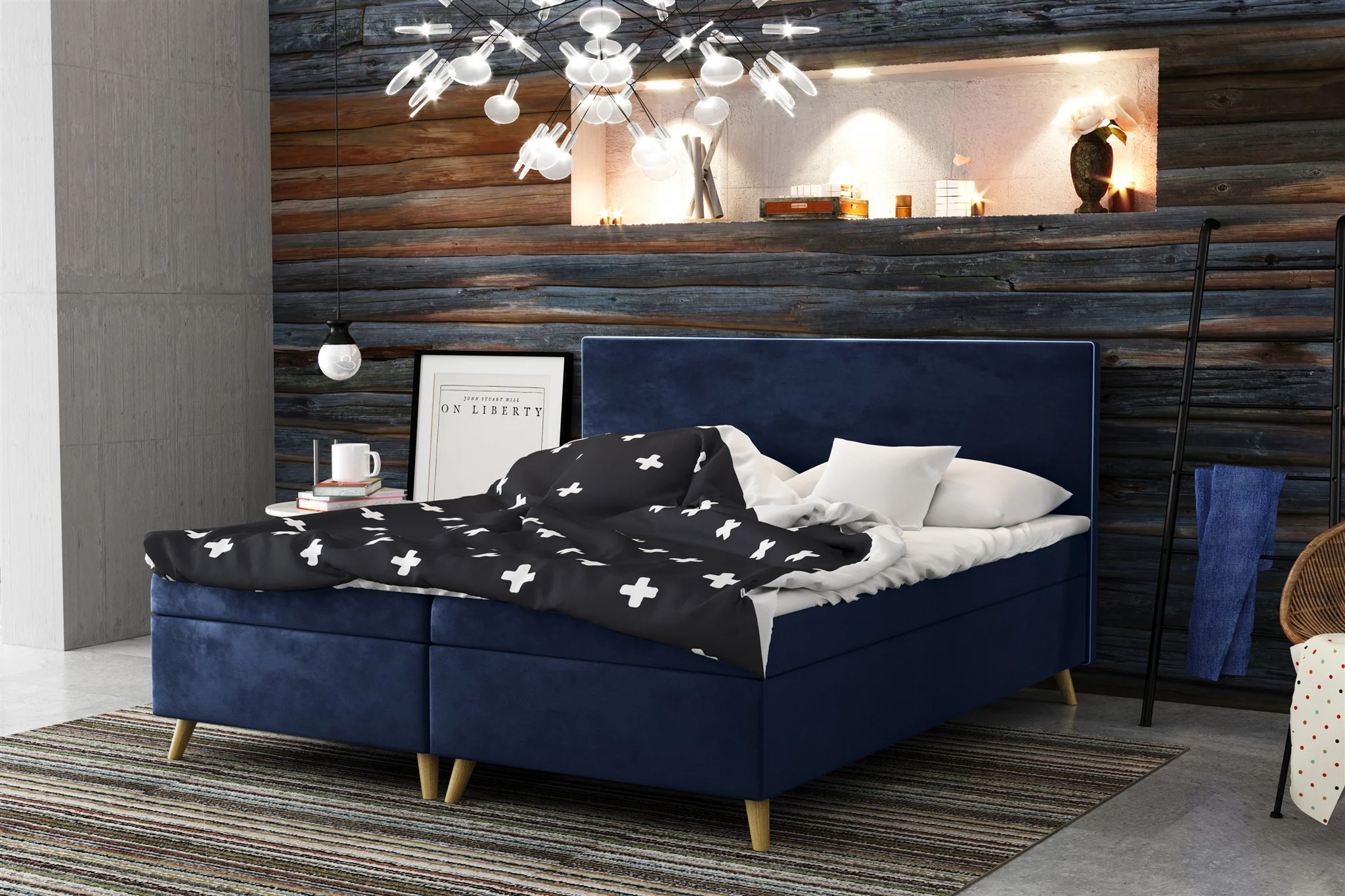 Boxspringbett Schlafzimmerbett Sileno 160x200cm in Stoff Riviera Dunkelblau - Fun Moebel